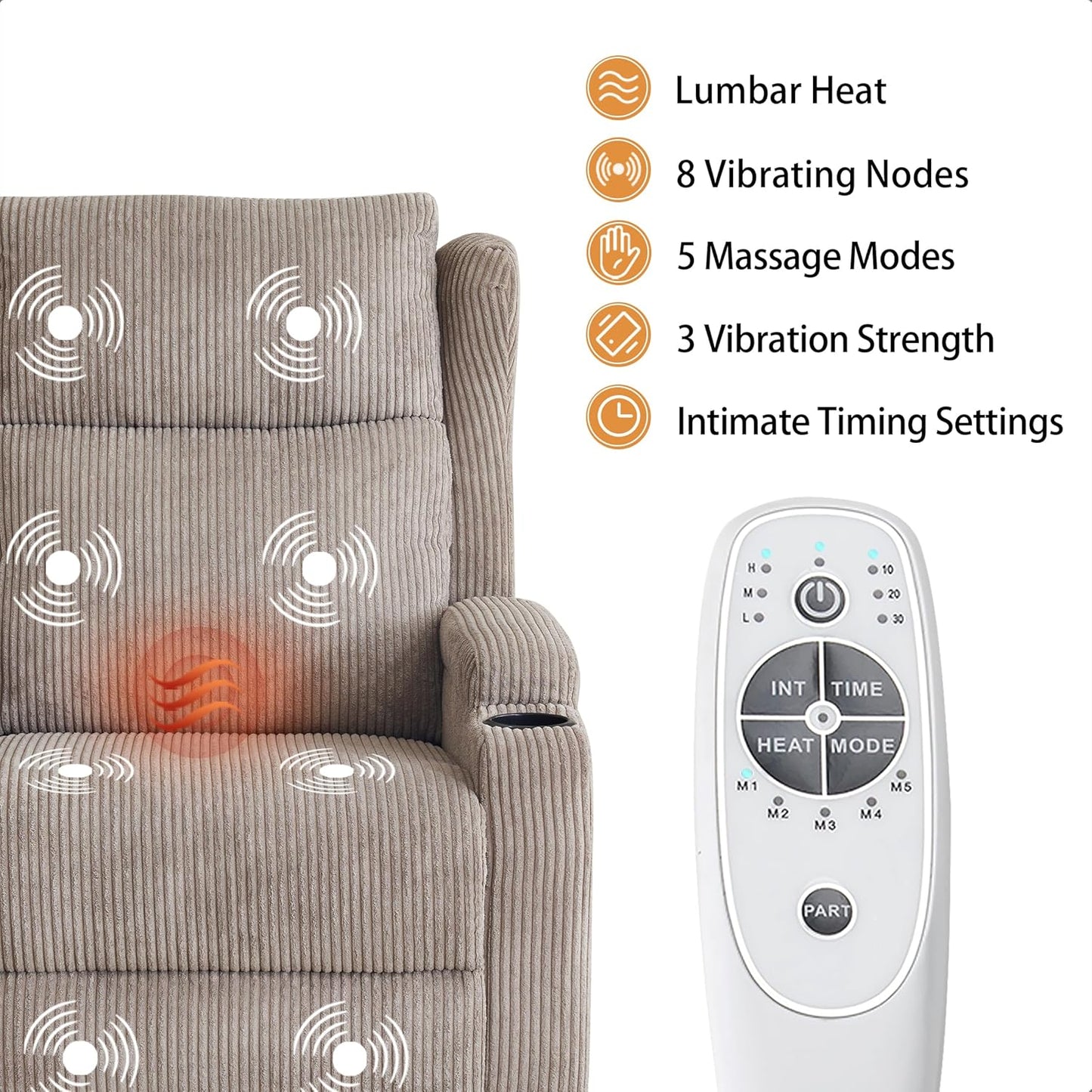 Lift Recliner Chair for Adults with Massage and Heating, Power Lift Recliner Chairs for Elderly, Corduroy Fabric Reclining Chair with USB &Type-C Port, Cup Holders, L6111 (Khaki)