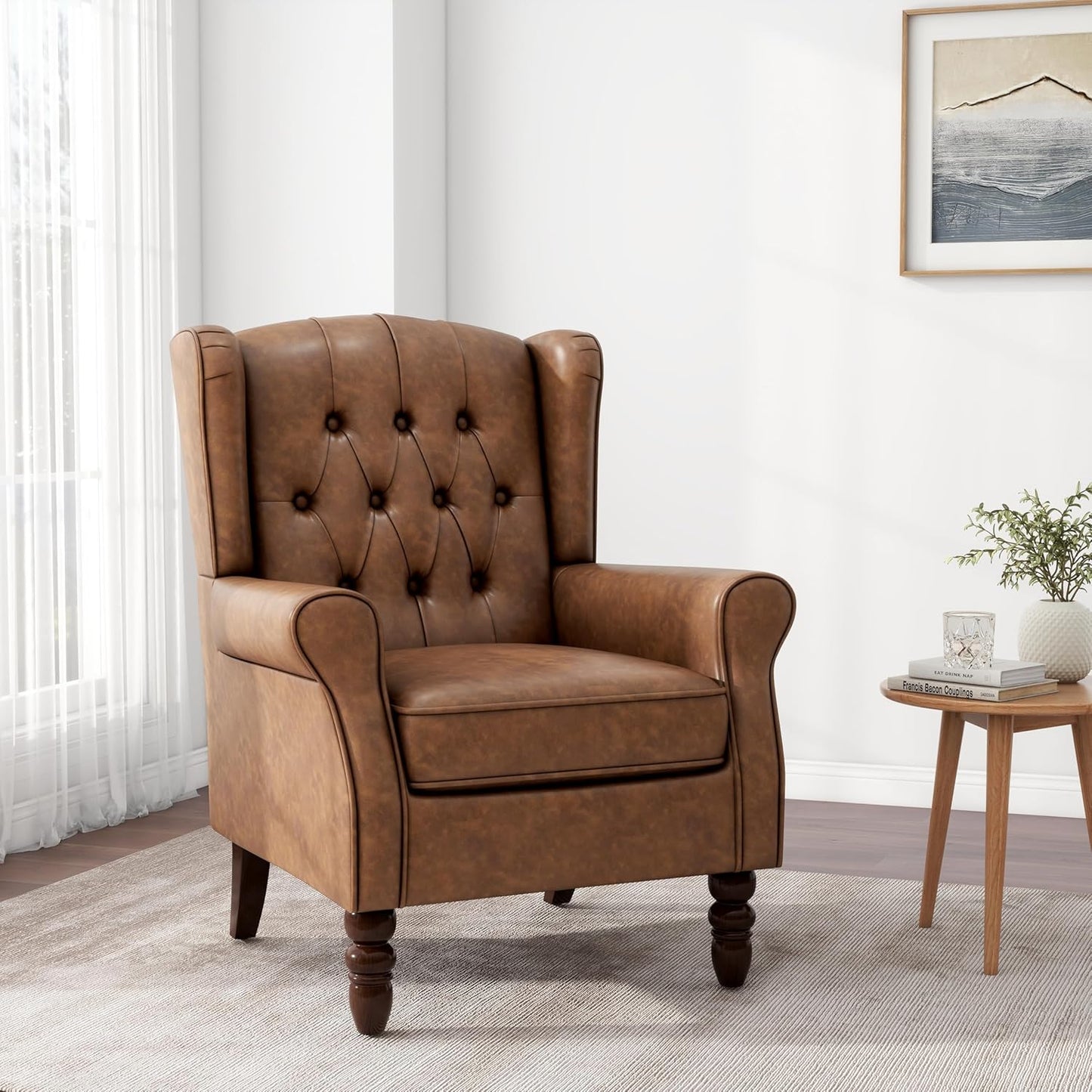 Accent Chair, Upholstered Armchair with Button Tufted High Back & Solid Wood Legs, Comfy Wingback Reading Single Sofa Chair for Small Spaces, Living Room, Bedroom (Leather Brown, Set of 1)