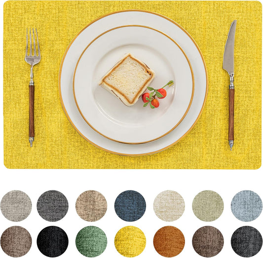 Romanstile Vinyl Placemats Set of 8-12 X 18 Inch - Heat Resistant Place Mats 100% Waterproof Oilproof Wipeable Reversible Faux Leather Table Mats for Kitchen/Dining/Party/Outdoor, Yellow