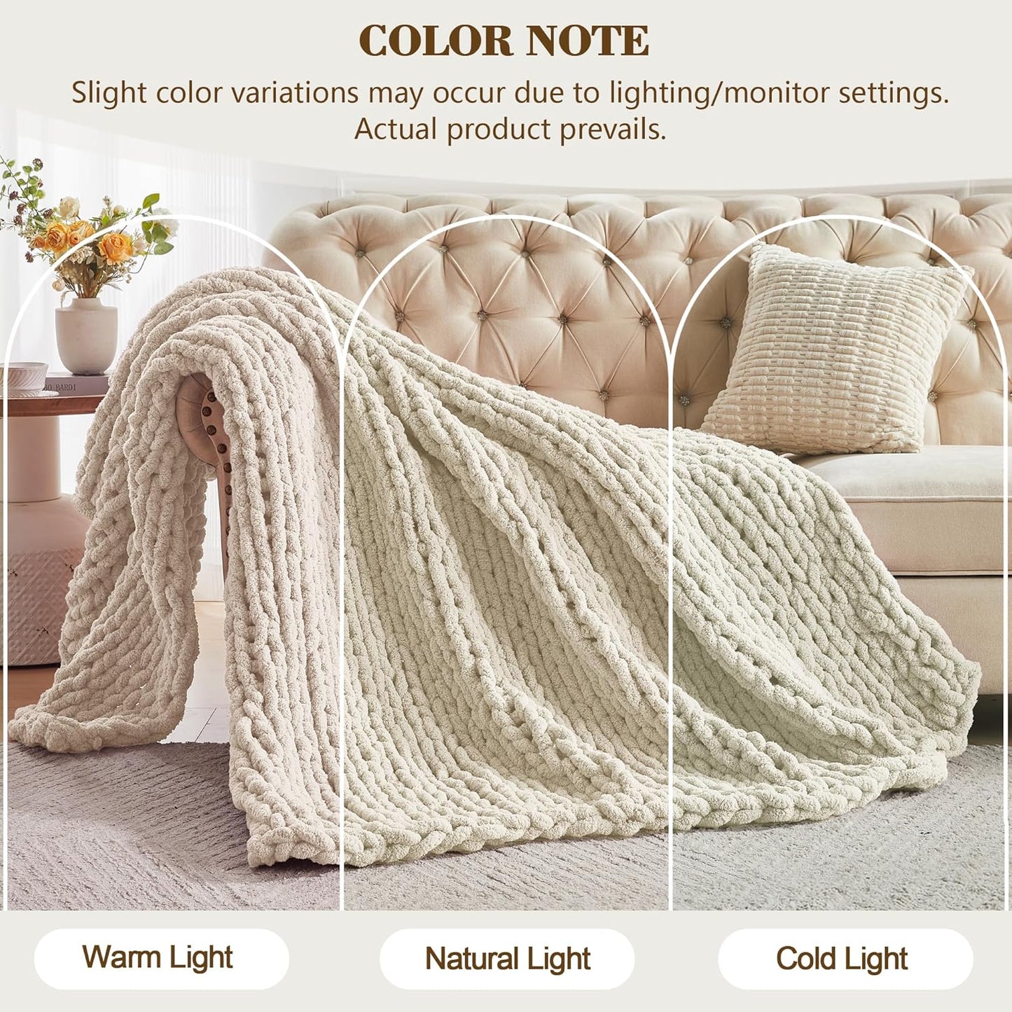 Carriediosa Chunky Knit Throw Blanket 50" X 60", 100% Hand Made Large Chenille Loop Yarn Soft Fluffy Throws for Couch Sofa Bed, Big Crochet Cozy Heavy Thick Cable Woven Blanket, Light Beige