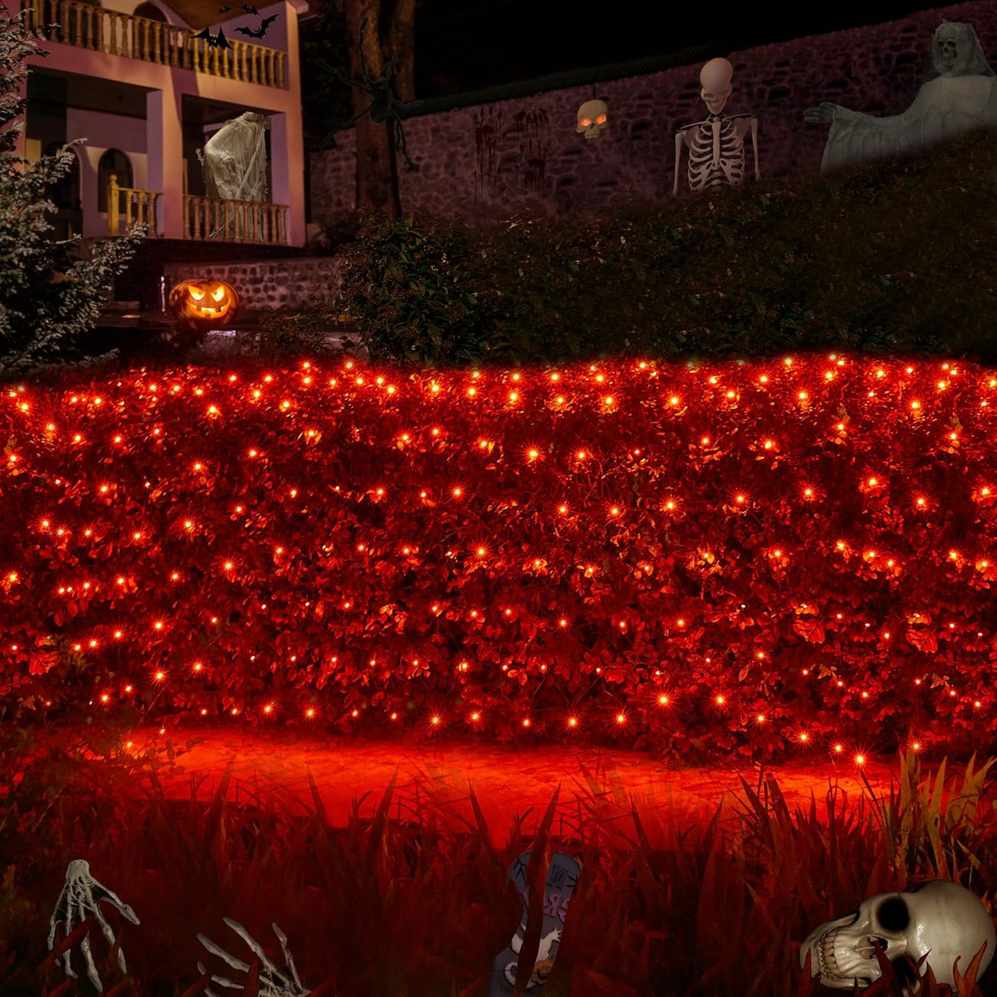 WBao Halloween Lights Outdoor 360LED 11.5ft x 6.9ft Halloween Net Lights with 8 Modes, Timer, Connectable, Waterproof & Dark Green Wire for Lawn, Bushes, Shrubs Outdoor Holiday Decorations, Orange