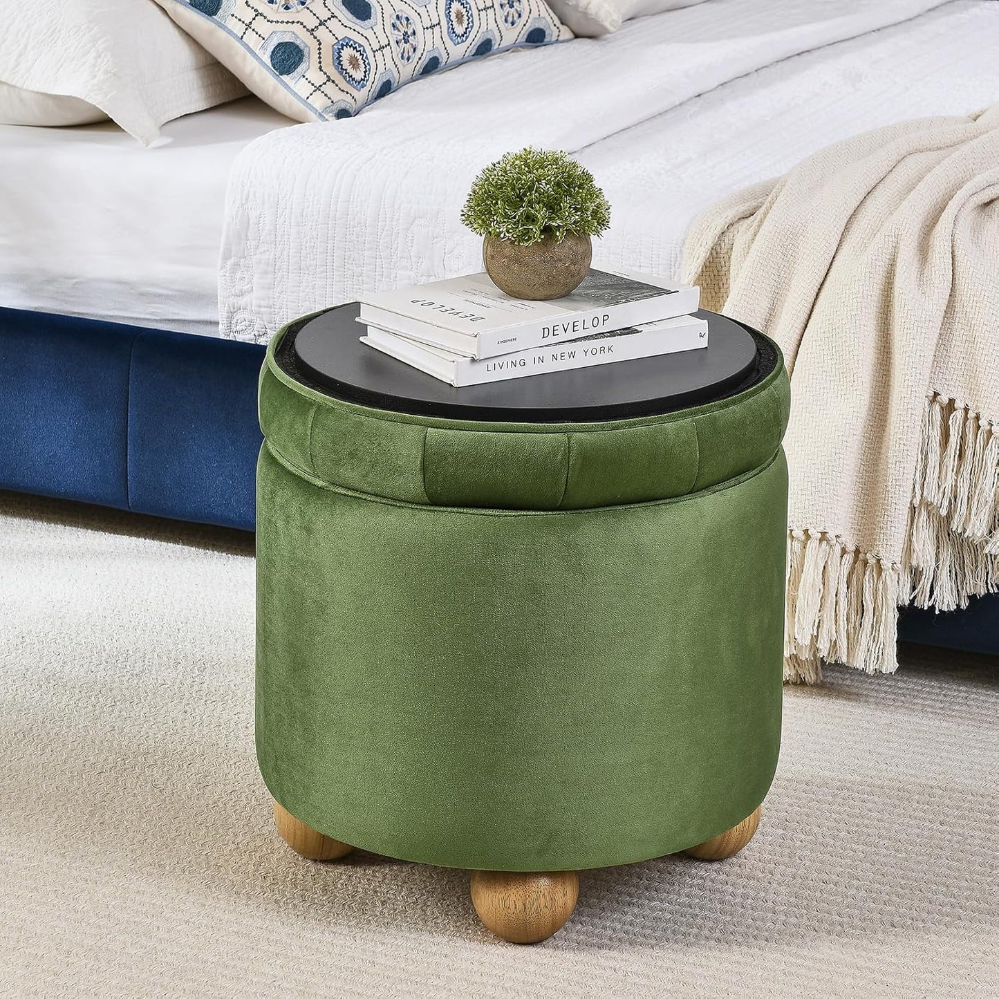 Furniliving Upholstered Button Tufted Round Ottoman, Velvet Storage Ottomans Round, Removable Lid Convenient Footstools, Bedroom Ottoman with Storage for Vanity, Living Room, Green