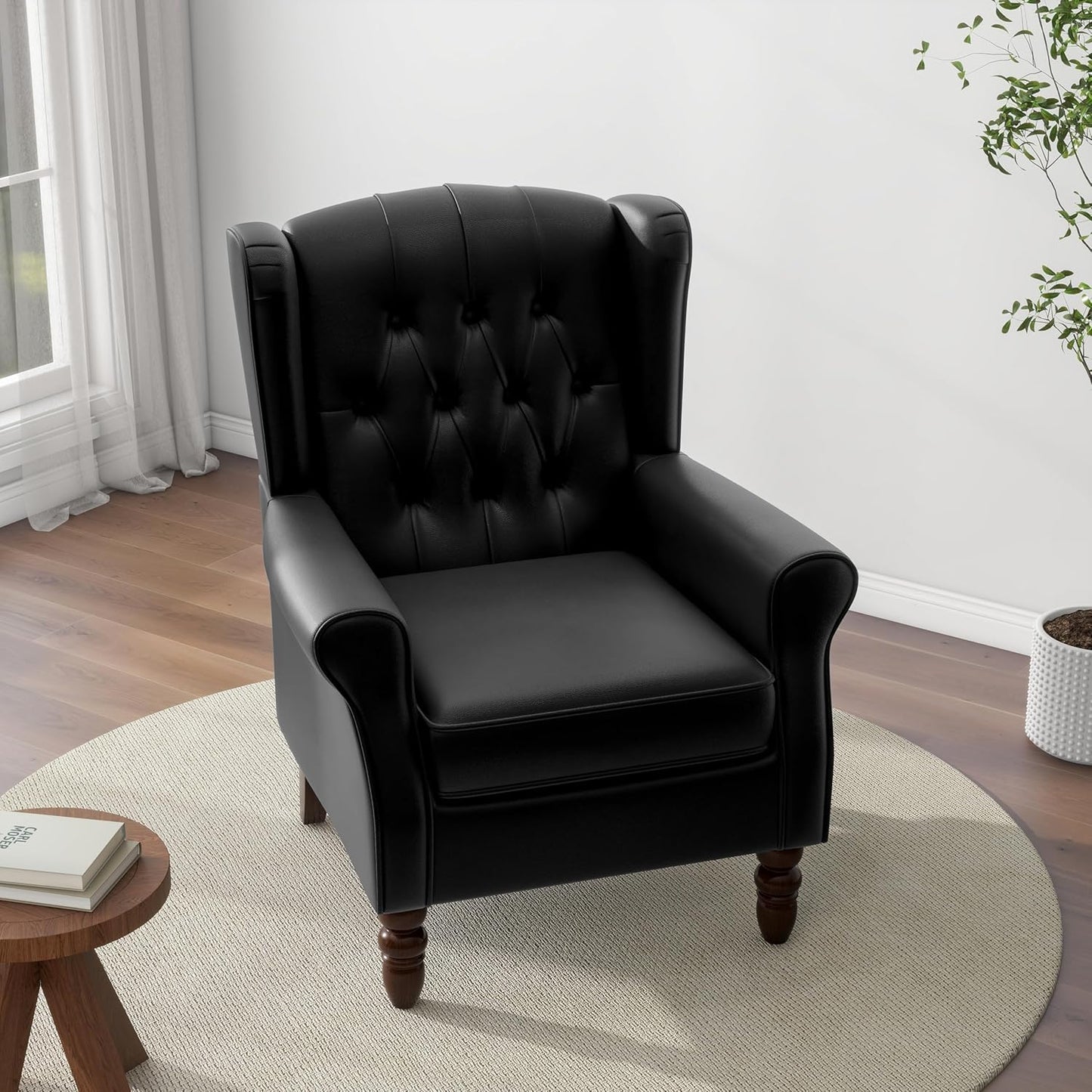 Accent Chair, Upholstered Armchair with Button Tufted High Back & Solid Wood Legs, Comfy Wingback Reading Single Sofa Chair for Small Spaces, Living Room, Bedroom (Leather Black, Set of 2)