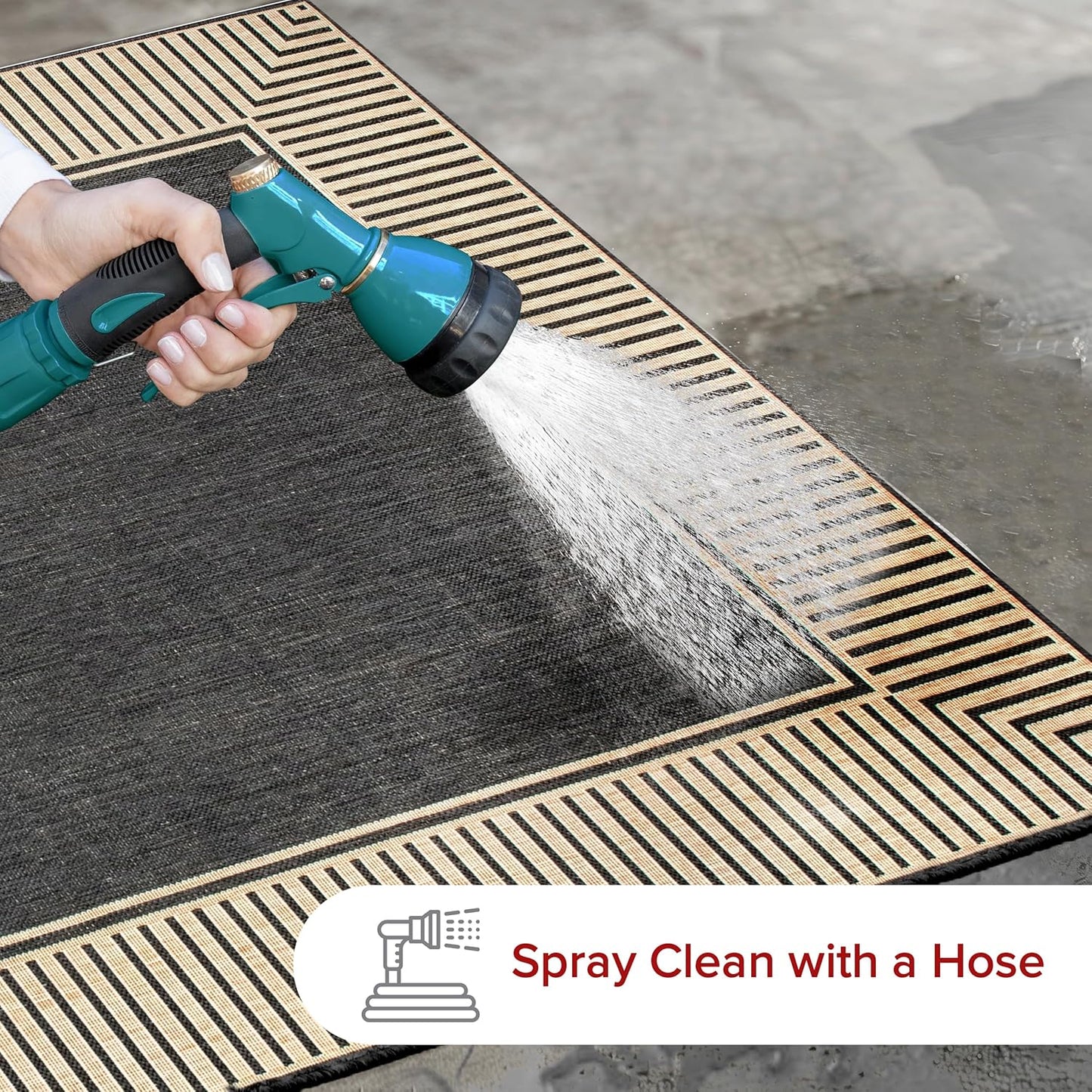 nuLOOM 6'7" Round Outdoor Area Rug, Casual Design With Striped Border, Stain Resistant, Highly Durable, For Patio, Balcony, Bedroom, Living Room, Dining Room, Bathroom, Dark Grey