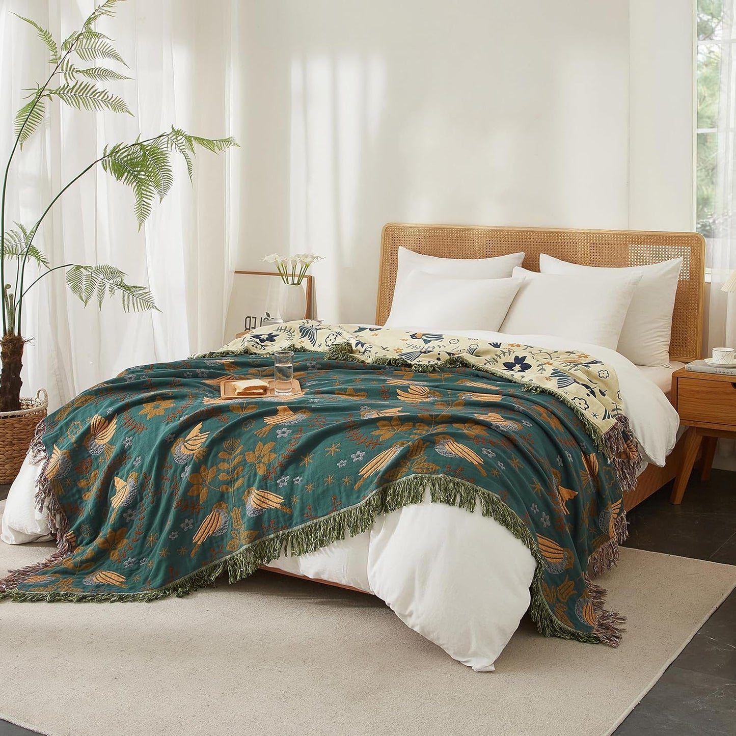 Boho Throw Blanket for Bed 90”x98”, 100% Cotton Woven Blanket for Couch Sofa, Ultra Soft 4-Layer Muslin Quilt with Bird Floral Printed, Farmhouse Bed Blanket/Cover for Living Room Decor
