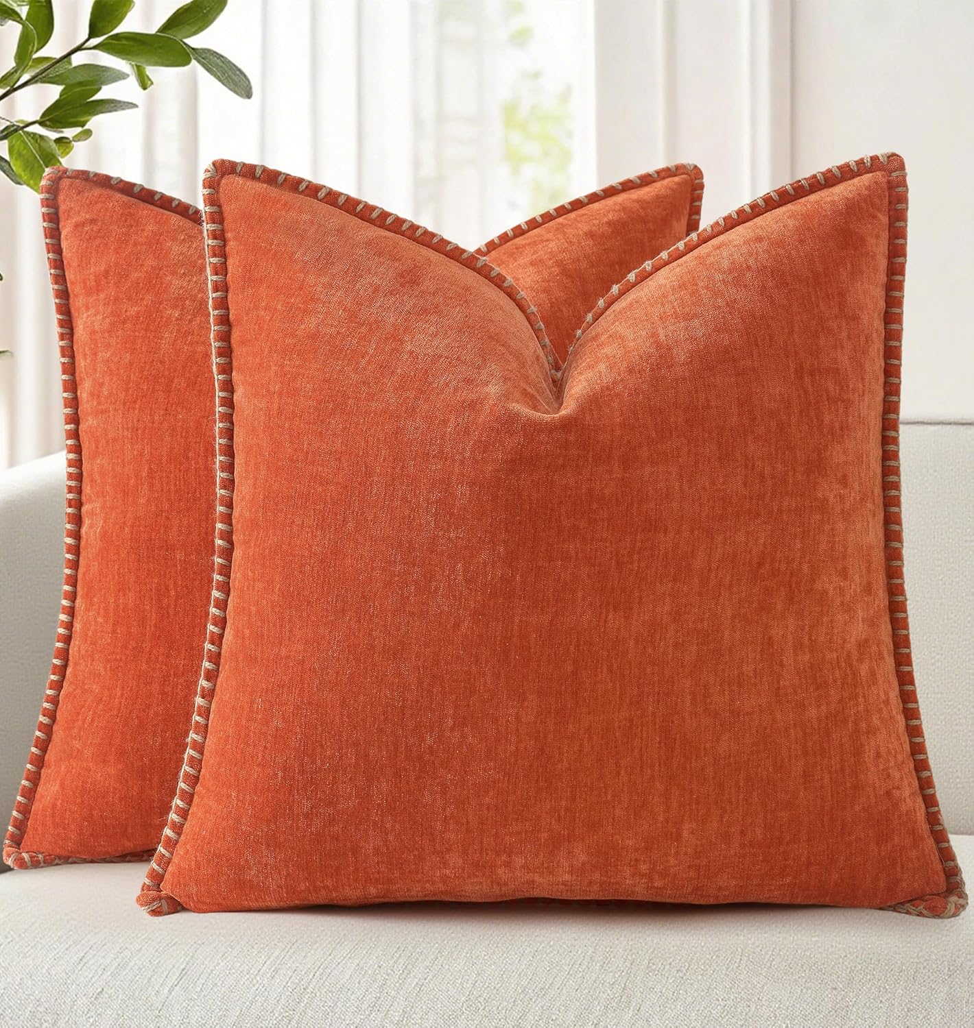decorUhome Fall Chenille Soft Throw Pillow Covers 24x24 Set of 2, Farmhouse Velvet Neutral Decorative Euro Pillow Covers with Stitched Edge for Couch Sofa Bed Home Decor, Rust