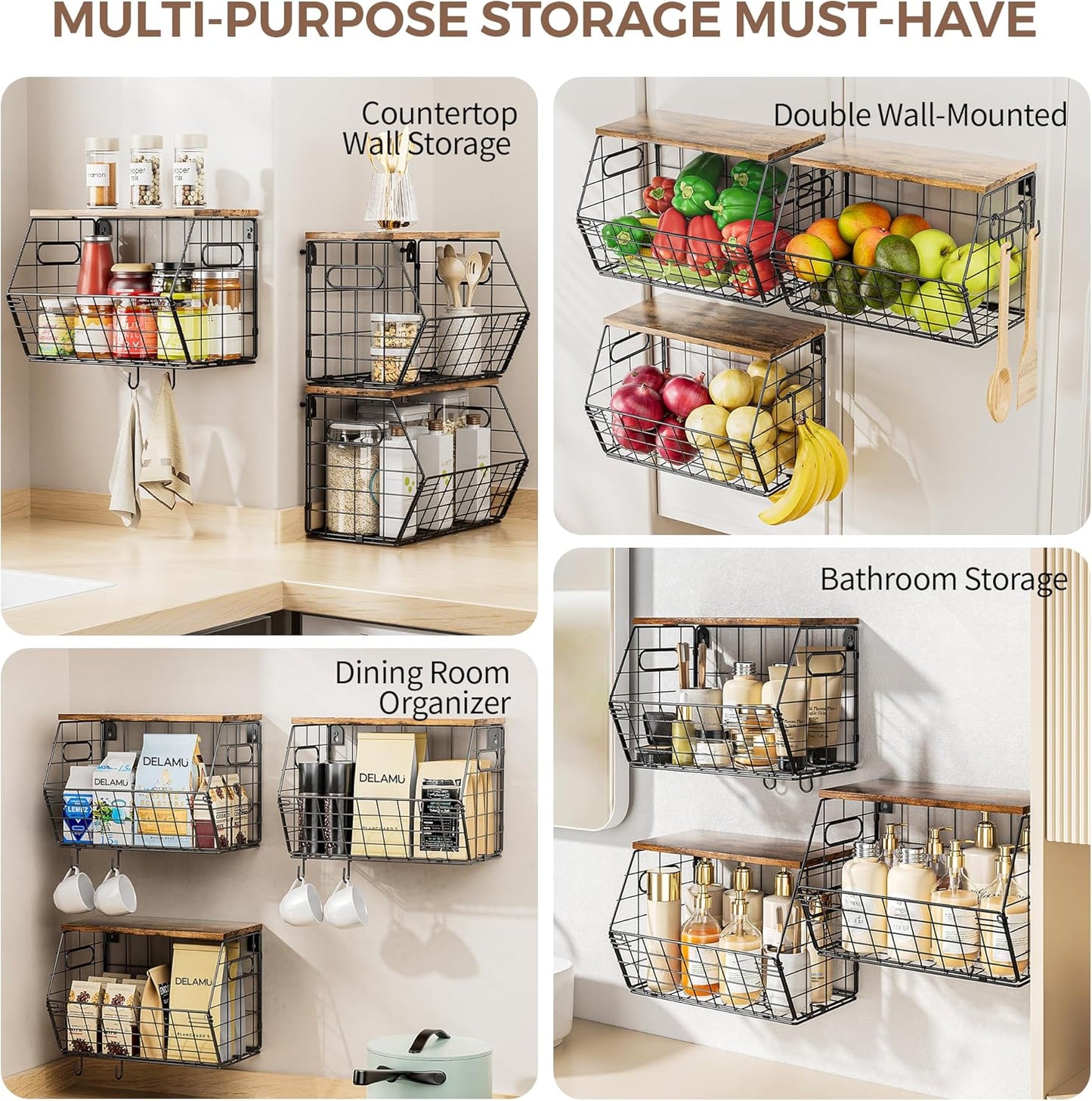 Delamu 3 Pack Stackable Metal Fruit Basket with Wood Lid-Wall Mounted&Countertop Organizer for Kitchen,Pantry- Ventilated Storage for Onions,Potatoes,Fruits,Spices,Black