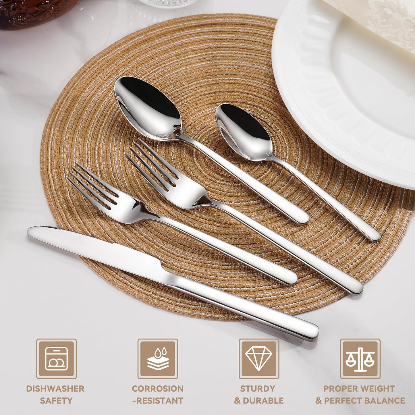 40 Piece Heavy Duty Silverware Set for 8, 18/10 Stainless Steel Flatware, Stainless Steel Silverware, Dishwasher Safe