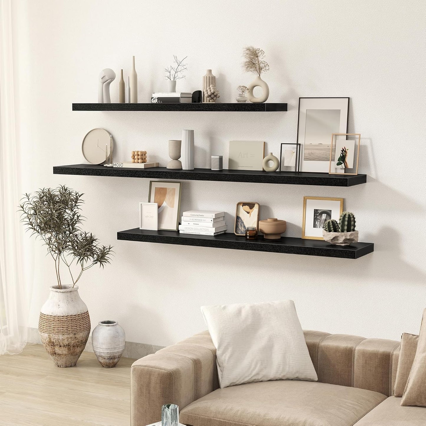 Fun Memories 72 Inch Floating Shelves for Wall 2 Pack Shelves for Bedroom|Kitchen|Bathroom 72 x 9.3 Inch Wood Floating Shelf with Invisible Brackets for Books|Storage|Decor, Black