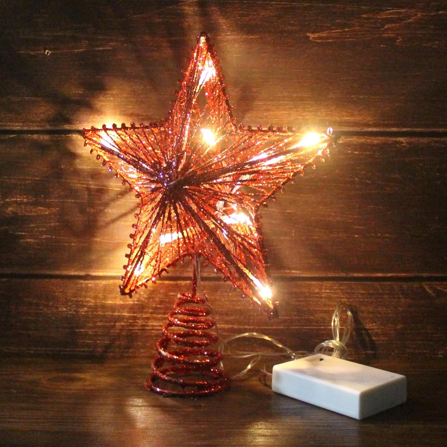 CVHOMEDECO. Red Glittered 3D Tree Top Star with Warm White LED Lights and Timer for Christmas Tree Decoration and Holiday Seasonal Décor, 8 x 10 Inch