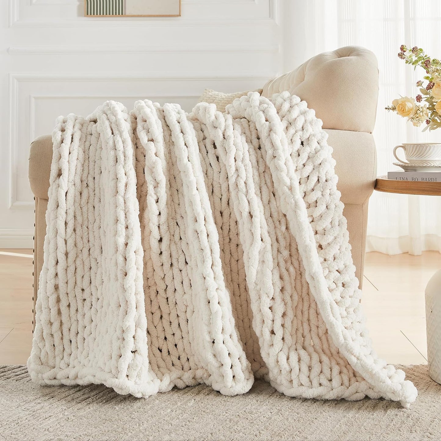 Carriediosa Chunky Knit Throw Blanket 50" X 60", 100% Hand Made Large Chenille Loop Yarn Soft Fluffy Throws for Couch Sofa Bed, Big Crochet Cozy Heavy Thick Cable Woven Blankets, Cream White