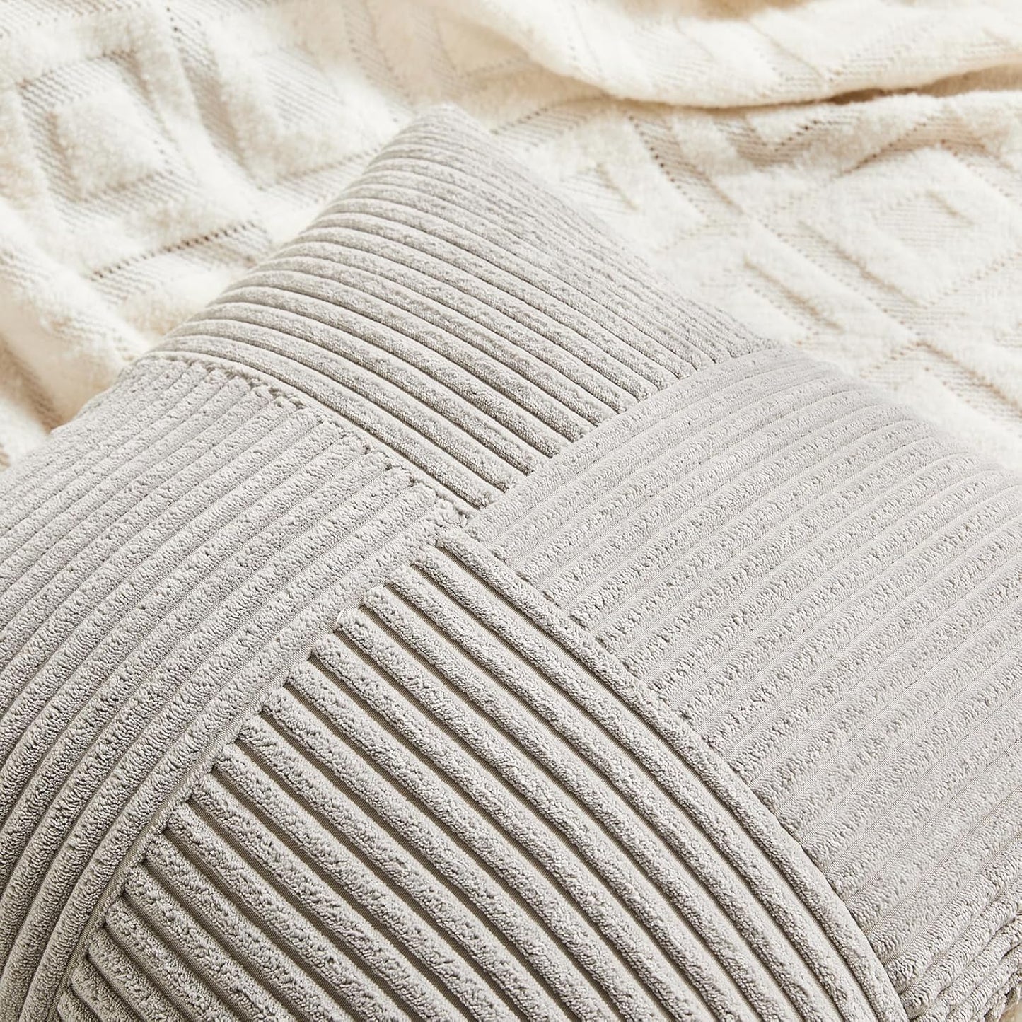 Fancy Homi 2 Packs Neutral Grey Decorative Throw Pillow Covers 16x16 Inch for Living Room Couch Bed, Rustic Farmhouse Boho Home Decor, Soft Corss Patchwork Corduroy Textured Square Cushion Case 40cm