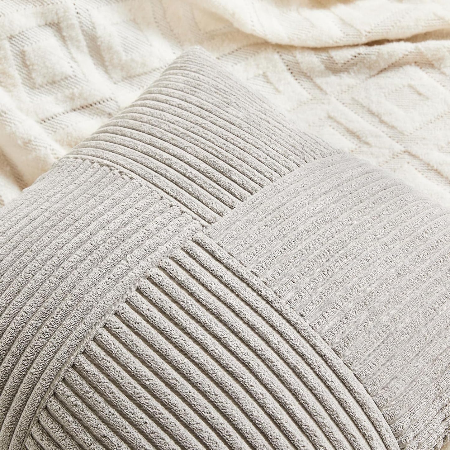 Fancy Homi 2 Packs Neutral Grey Decorative Throw Pillow Covers 18x18 Inch for Living Room Couch Sofa, Rustic Farmhouse Boho Home Decor, Soft Corss Corduroy Patchwork Textured Square Cushion Case 45cm