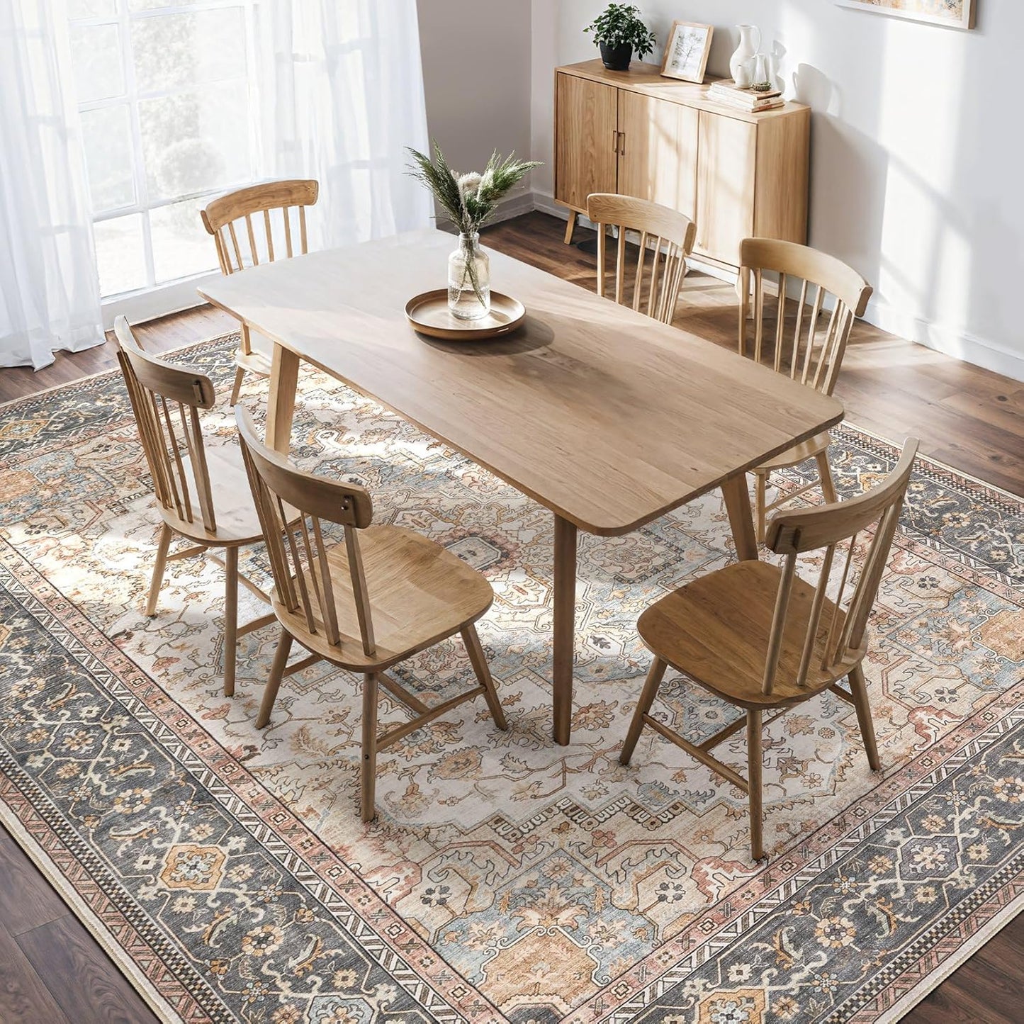 Washable Area Rugs for Living Room - 7x9 Neutral Vintage Distressed Floral Farmhouse Boho Large Soft Floor Rug Indoor Non Slip Carpet for Living Room Bedroom Dining Room Office - Forest Green Orange