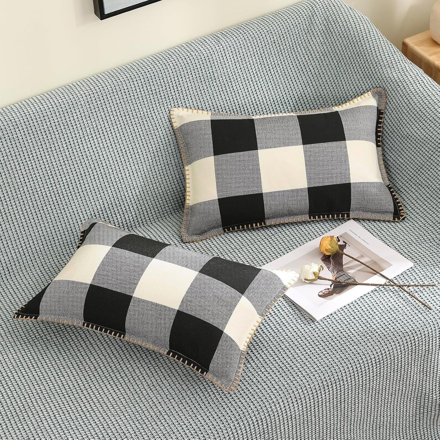 decorUhome Buffalo Plaid Check Throw Pillow Covers 12x20 Set of 2, Outdoor Lumbar Decorative Farmhouse Neutral Pillow Covers with Stitched Edge for Bed Couch Sofa, Black and White