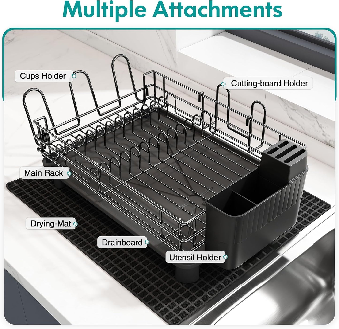 Black Stainless Steel Dish Drainers Drying Rack for Kitchen Counter with Drainboard Set, Rust Proof Metal, Space Saving, Modern Aesthetic, Compact Plates Strainers with Extra Mat