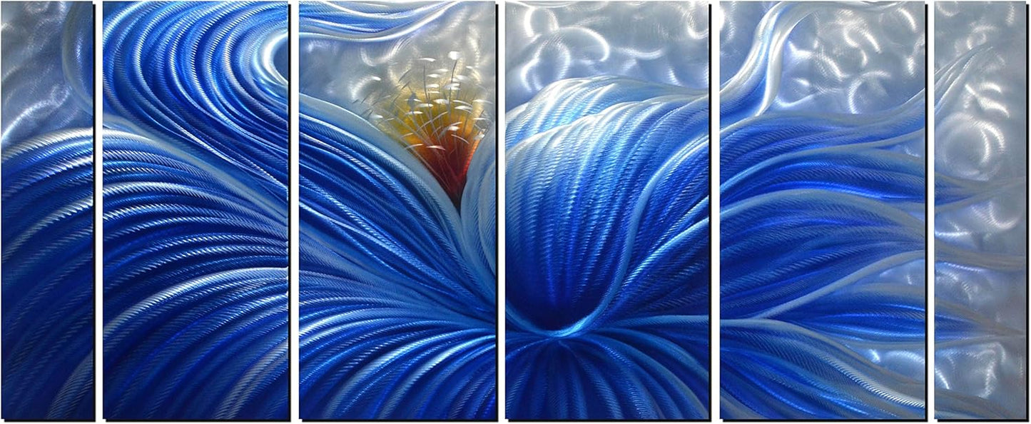 Metal Wall Art with Huge Blue Flower Design, Abstract Artwork for Modern and Contemporary Decor, Metal Wall Sculpture, Indoor Outdoor Wall Decorations, 6-Panels Measure 65" x 24"