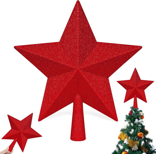 Star Tree Topper, 10" Red Christmas Tee Topper Decorations, Glitter 3D Xmas Bethlehem Star Waterproof Shatter-Proof, Christmas Tree Topper Ornament Decor for Christmas Holiday Party Indoor Outdoor