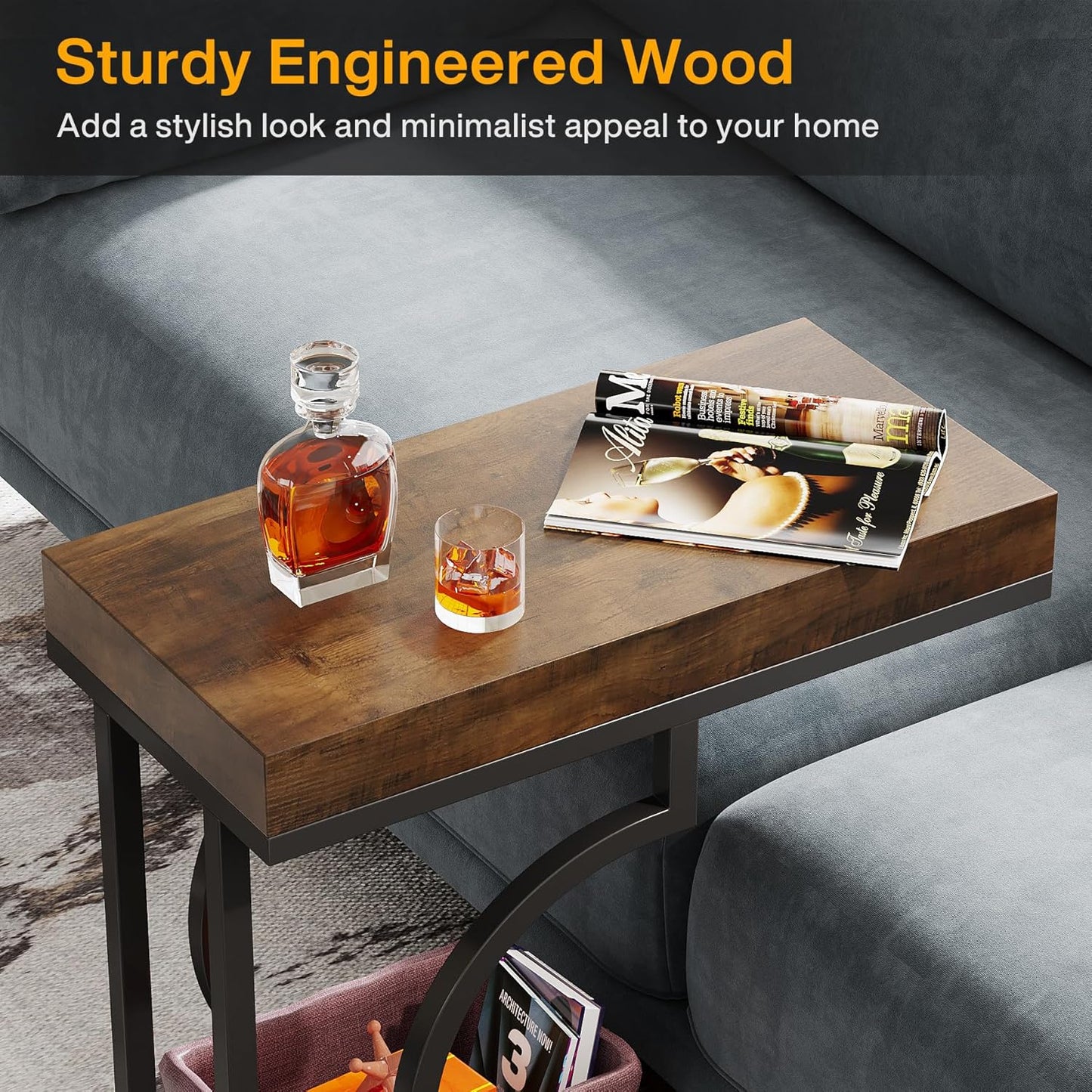 Tribesigns Side Table Set of 2 Narrow C Shaped End Table Modern Bedside Tables for Couch, Small Sofa Chairside Table with Metal Frame for Living Room (2, Brown+Black)