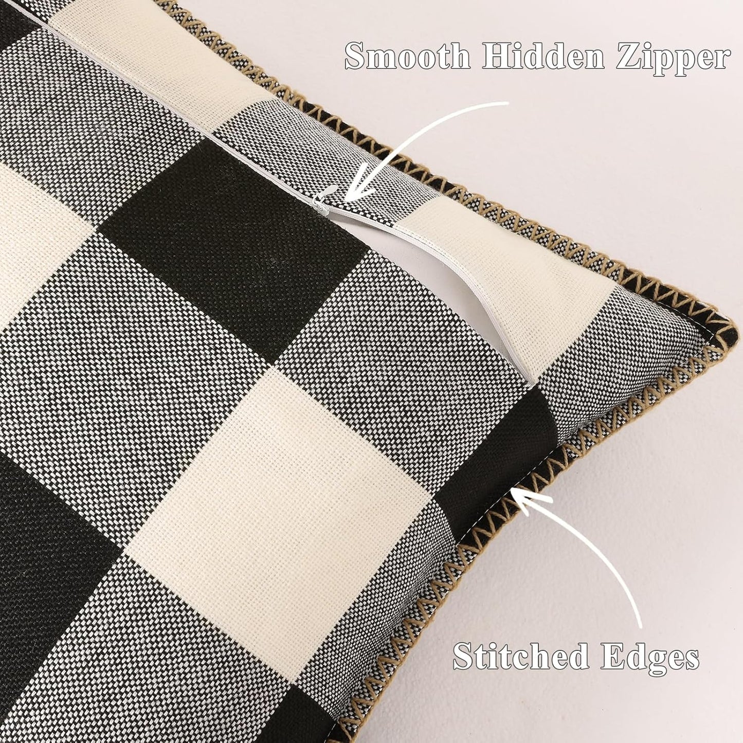 decorUhome Buffalo Plaid Check Throw Pillow Covers 20x20 Set of 2, Outdoor Decorative Farmhouse Neutral Pillow Covers with Stitched Edge for Bed Couch Sofa, Black and White