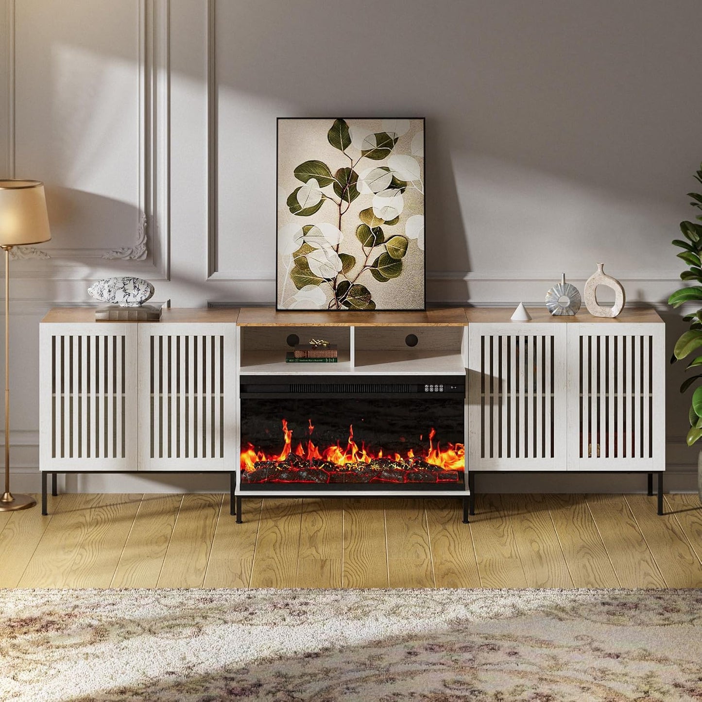 3-Sided Glass Farmhouse Fireplace TV Stand for TVs Up to 100 Inch, Entertainment Center with 36" Electric Fireplace, TV Console with Storage Cabinets for Living Room, Antique White