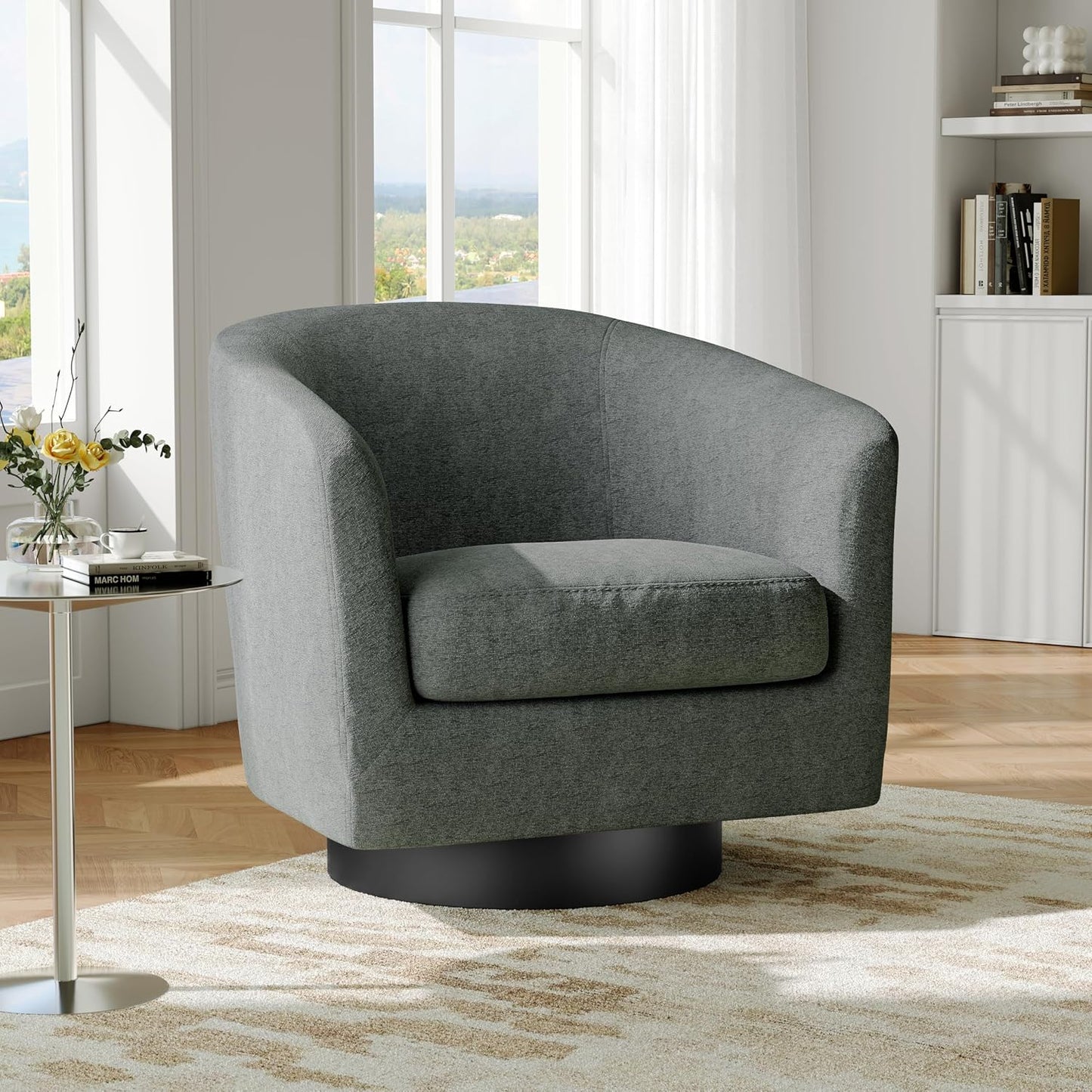 Swivel Barrel Accent Chair, Modern Round Chenille Fabric Arm Chair for Living Room, Bedroom, Comfy Club Reading Chairs for Adults（Chenille Fabric, Grey, Set of 2