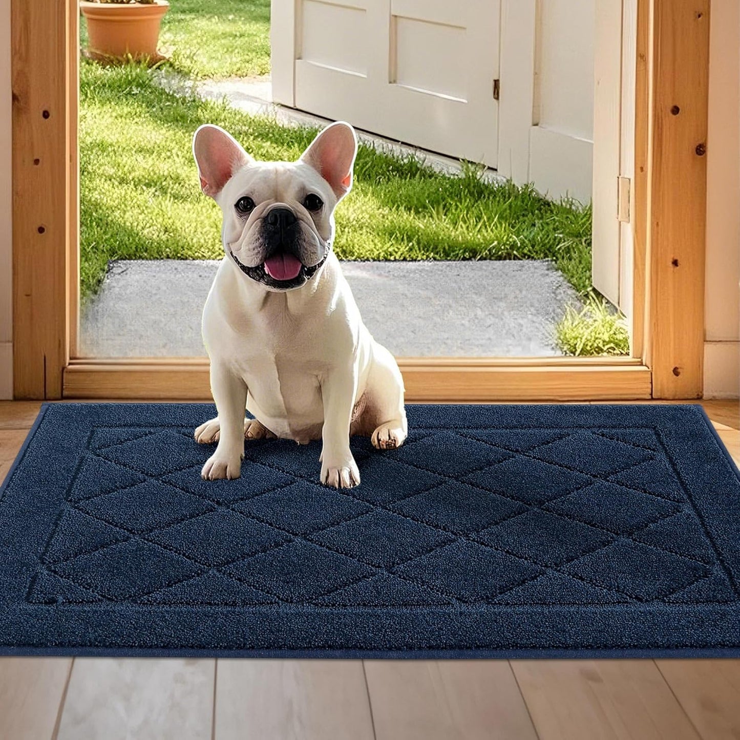 JSEI Dirt Trapper Door Mat 24"x36", Non-Slip Washable Entryway Mats, Dog Door Mat, Stain Resistant and Absorbent Floor Mats, Low Profile Welcome Mat for Front Back Door, Navy Blue