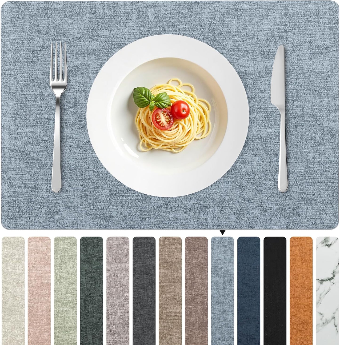 FROMHEART Faux Leather Placemats Set of 8–Waterproof,Heat/Oil Stain-Resistant PU Table Mat–Reversible,Non-Slip,Easy to Clean Place Mats for Kitchen,Dining,Indoor/Outdoor,(Light Blue,11.8" x 17")