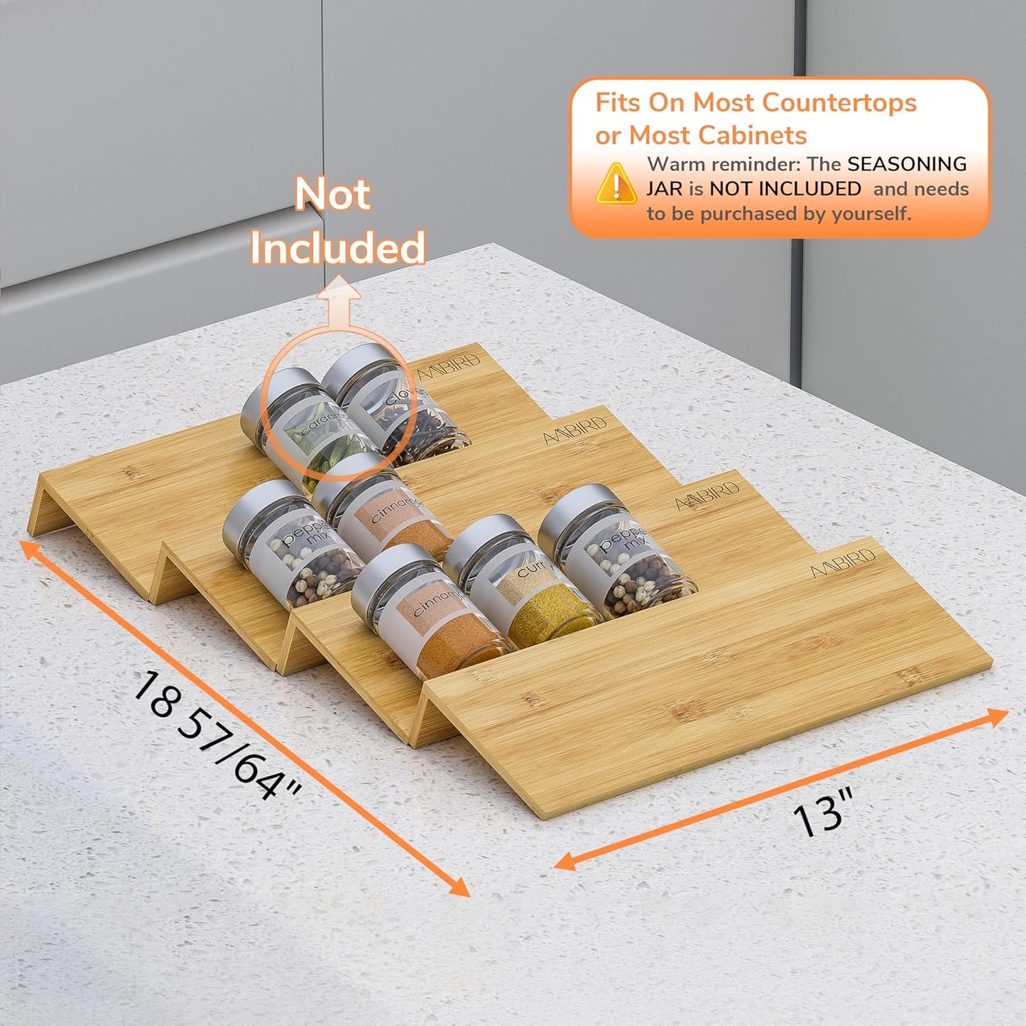 AMBIRD Bamboo Spice Drawer Organizer with Non-slip Mat, 4 Tier Jar Spice Rack Tray 13'',Seasoning Organizer for Kitchen,Cabinet,Drawers,Countertop