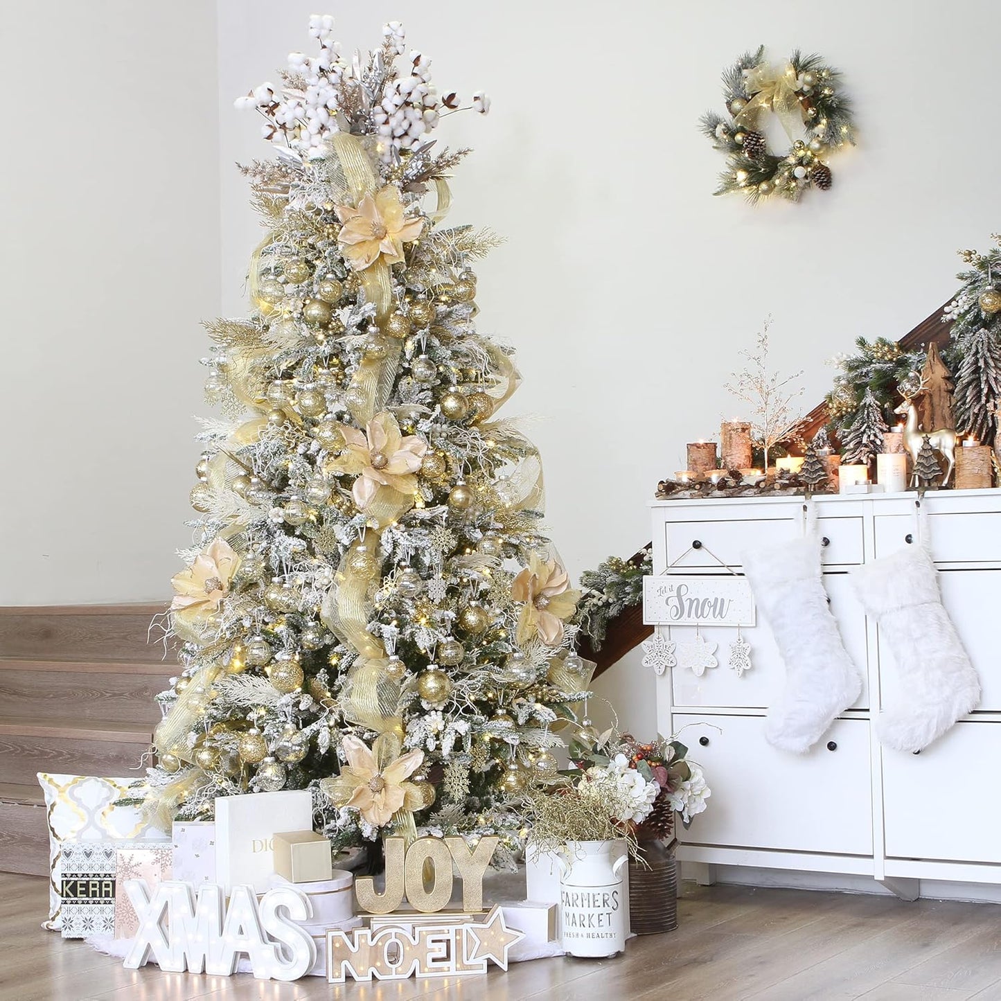 Sea Team Multi-Size Shatterproof Clear Plastic Christmas Tree Ball Ornaments Set, Decorative Hanging Transparent Xmas Baubles with Stuffed Delicate Decorations (48 Counts, Gold)