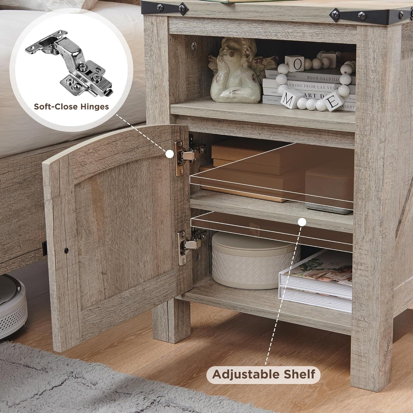 OKD Farmhouse End Table with Charging Station, 18" Rustic Nightstand with Adjustable Storage Shelf, Wood Rustic Wood Sofa Side Table for Bedroom