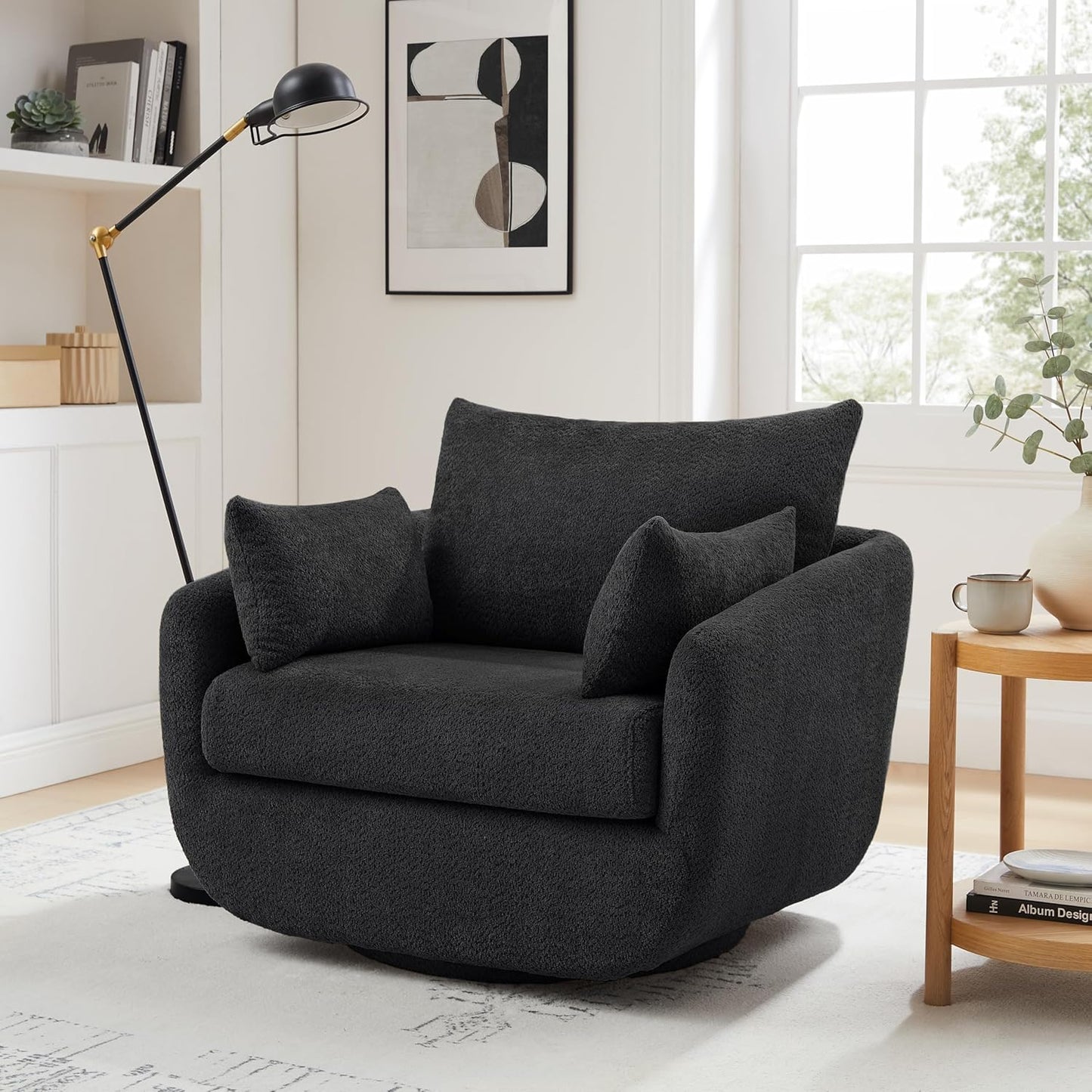 360° Swivel Accent Armchair Set of 2, 39.3" Oversized, Sherpa Boucle Fabric Sofa Chair with Removable Back & Arm Pillows, Swivel Chairs with Cozy Soft Padded, No Assembly Required, Dark Gray