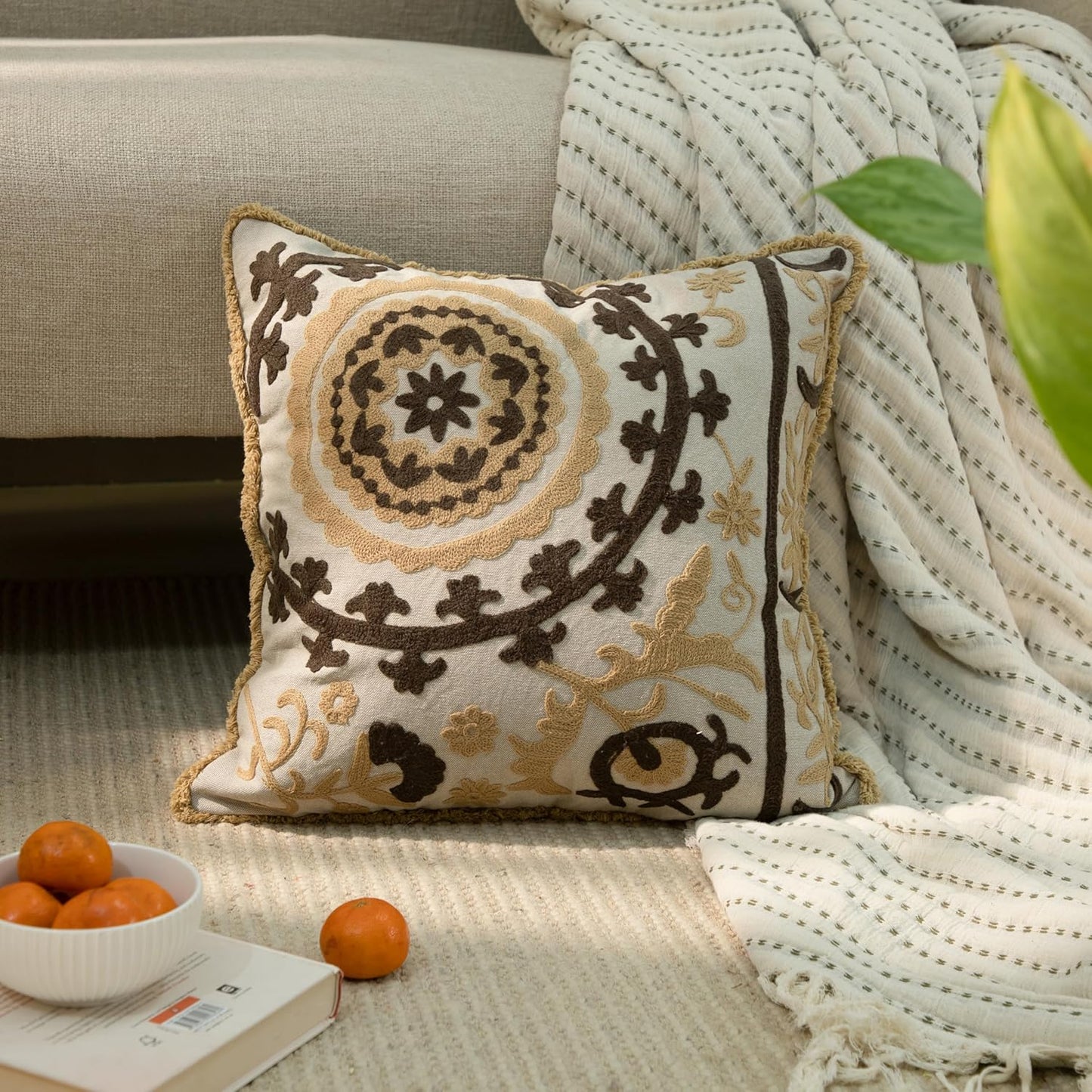 Embroidered Floral Mandala Vintage Indian Cotton Decorative Embroidery Throw Pillow Covers, Fringes Lace Cushion Cover, Pillow Case for Sofa Couch Bed Chair 18" x 18"