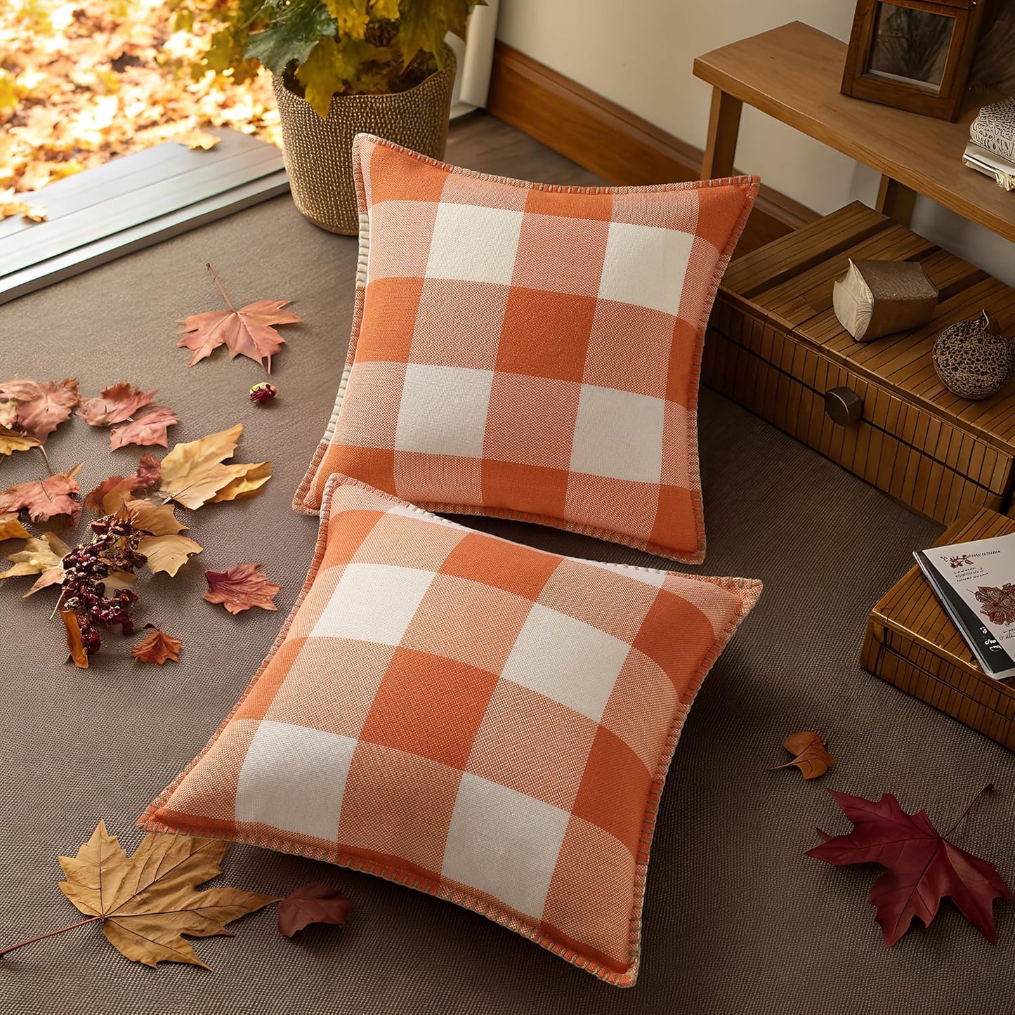 decorUhome Fall Orange and White Decorative Throw Pillow Covers 18x18 Set of 2, Buffalo Plaid Check Farmhouse Cushion Covers with Stitched Edge for Autumn Harvest Couch Sofa Bed Home Decor