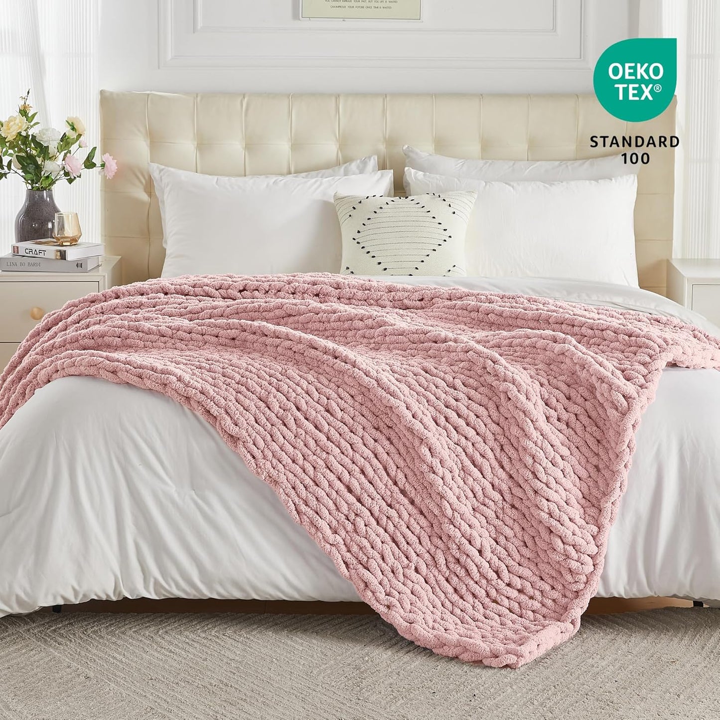 Carriediosa Chunky Knit Throw Blanket 60" X 80" Twin, 100% Hand Made Large Chenille Loop Yarn Soft Fluffy Throws for Couch Sofa Bed, Big Crochet Cozy Heavy Thick Cable Woven Blankets, Dusty Pink