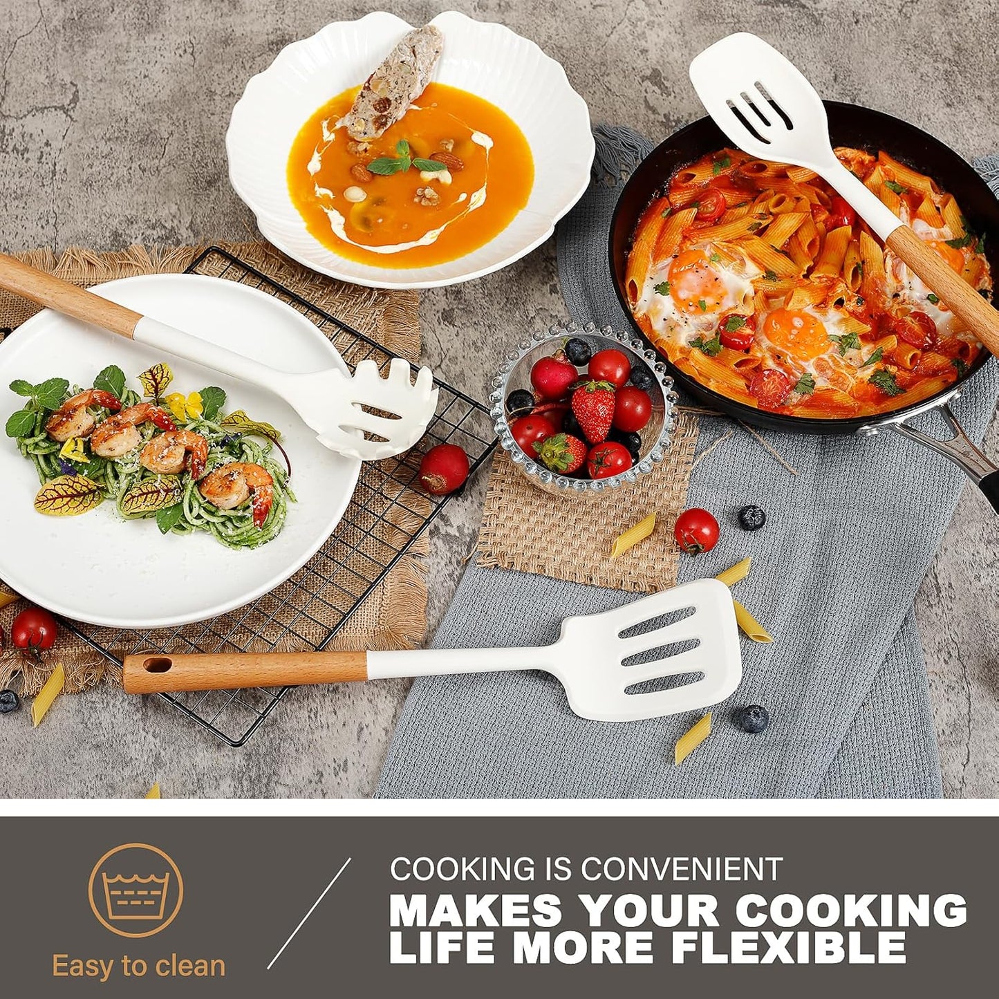 QMVESS Silicone Cooking Utensils Set, Kitchen Utensils Set 7 Pcs with Long Wooden Handle, Food Grade and Heat Resistant Large Silicone Spatula Set for Nonstick Cookware, BPA Free（White）