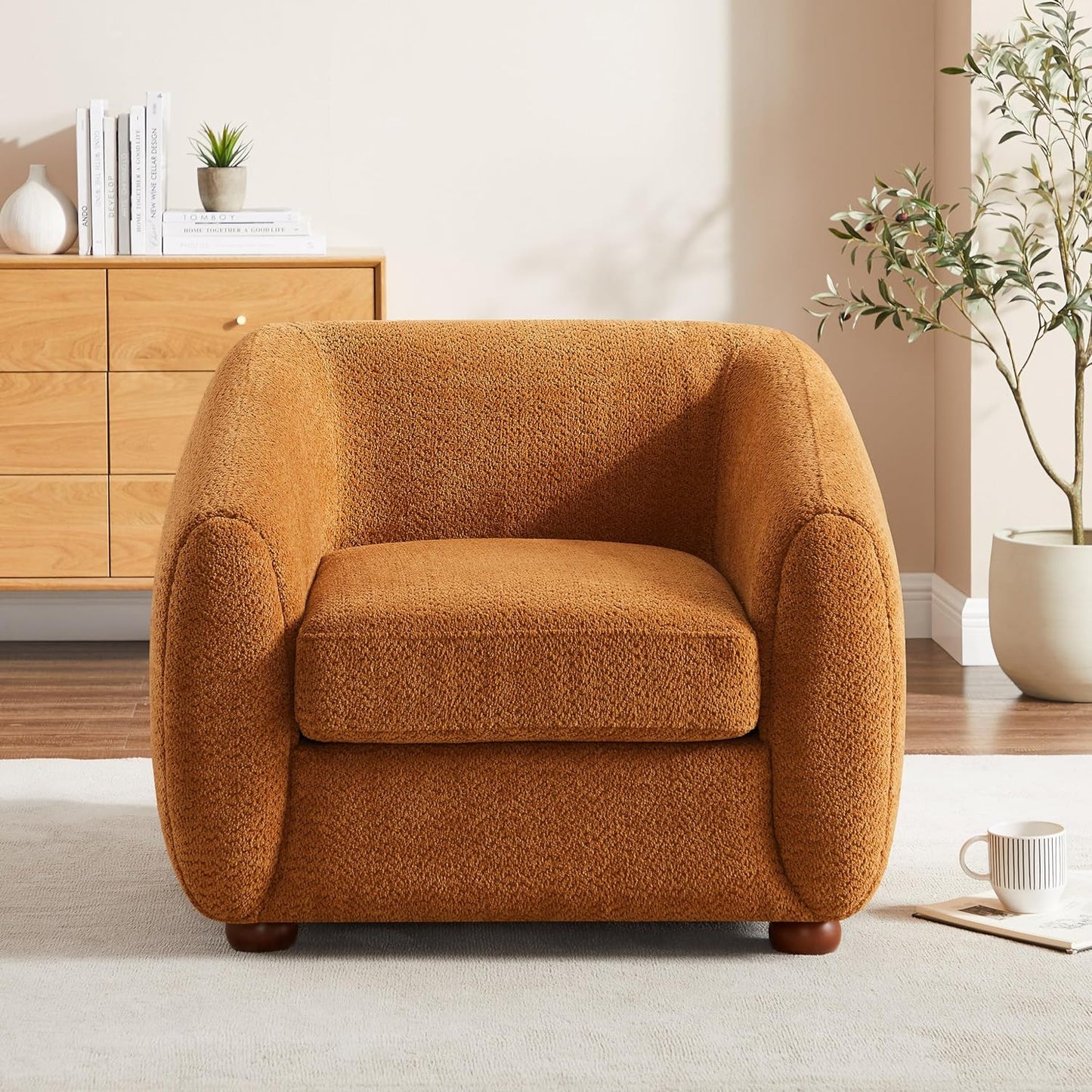 Modern Accent Chair for Living Room, Upholstered Armchair with Boucle Fabric, Single Sofa Chair with Solid Wood Legs, Boucle, Curry