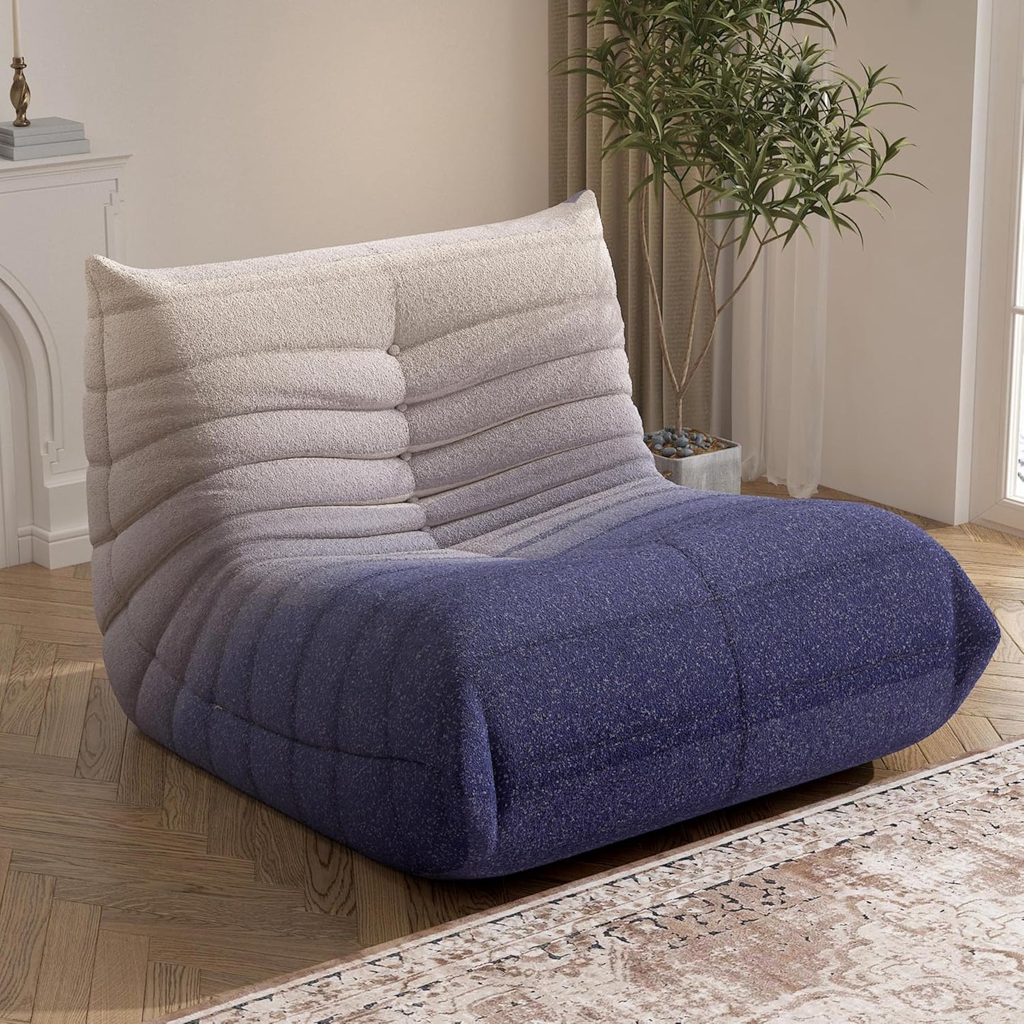 Bean Bag Chair, Fireside Chair Bean Bag Sofa Large Bean Bag Chair for Adults, Bean Bag Chairs for Teens with High Density Comfortable Foam, Memory Foam Bean Bag for Living Room, Bedroom (Blue&White)