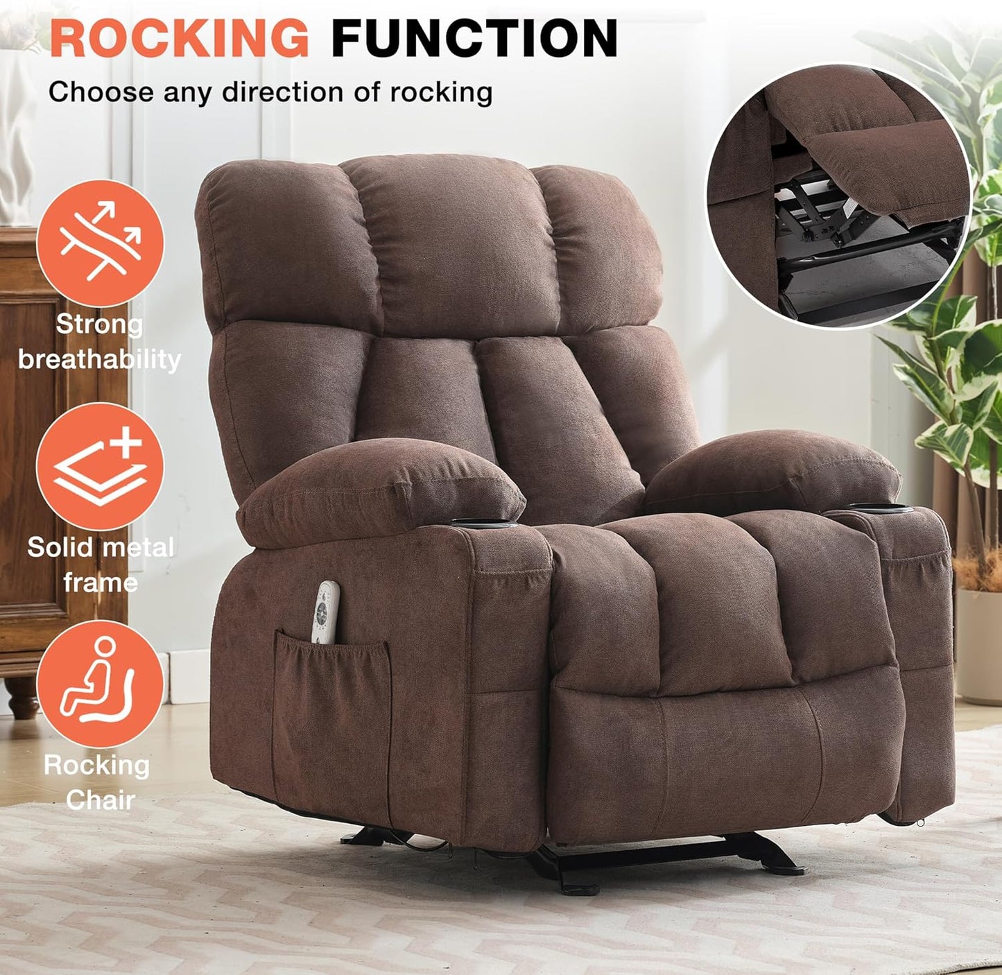 Massage Rocker Recliner Chair with Heat, Ergonomic Overstuffed Reclining Lounge Chair with Side Pockets, USB Charging Port, Sturdy Metal Frame, Comfortable Modern Design for Living Room