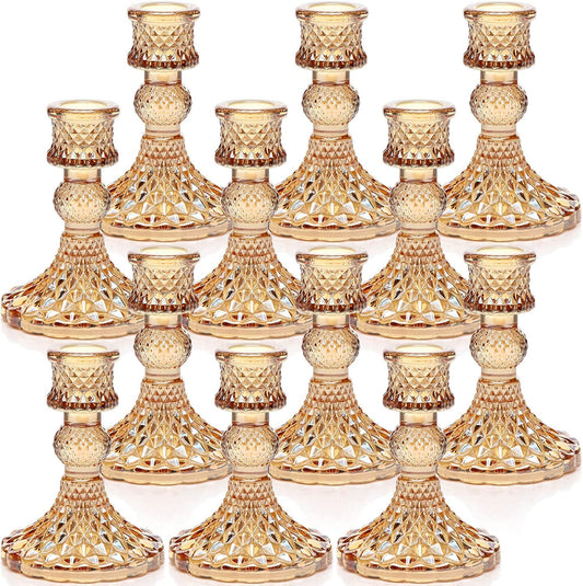 Candlestick Holders Set, 12Pcs 4" H Taper Candle Holders Bulk, Glass Candle Holders for Wedding, Festival, Party & Windowsill Decor, Gold