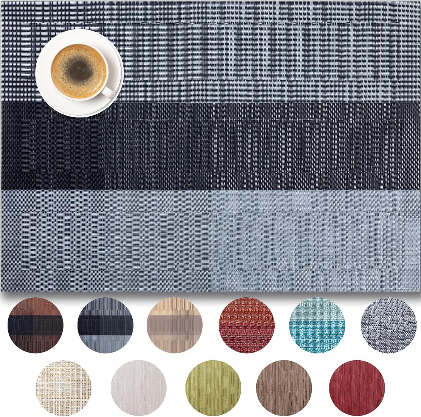 Placemats Set of 12 - Easy Clean Woven Vinyl Placemats for Dining Table, Indoor/Outdoor Place Mats, Washable PVC Table Mats （Silver Gray Black）
