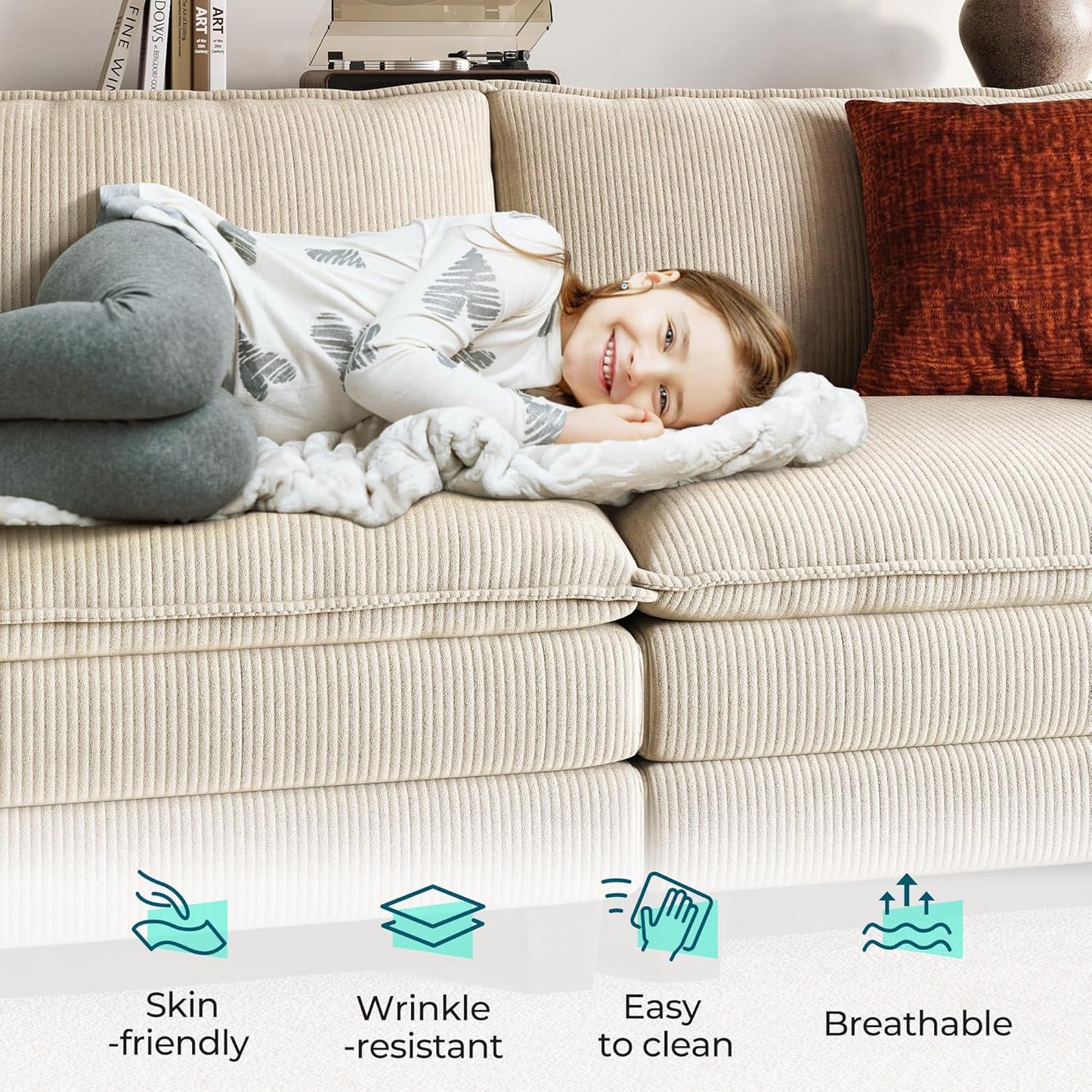 LINSY HOME Sectional Sleeper Sofa - 90'' Modular Cloud Couch Oversized Corduroy Sofa Bed with Movable Ottoman Soft Modern Comfy Couch Set for Living Room Apartment Office, Beige