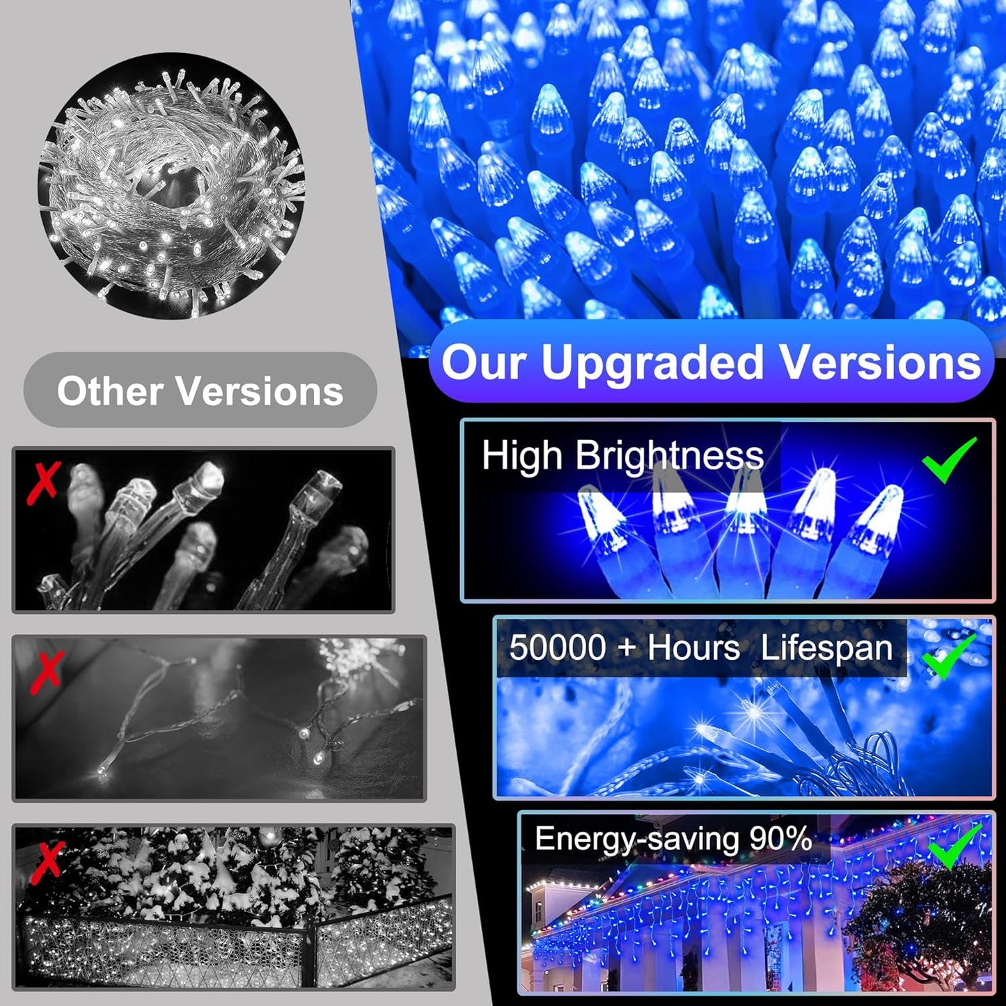 810LED 82FT Christmas Lights, 180Drops 12 Modes Blue Christmas String Lights Outdoor Dimmable, Waterproof Christmas Decoration Fairy Lights with Timer for Eaves Indoor Party Patio Window Fence Blue