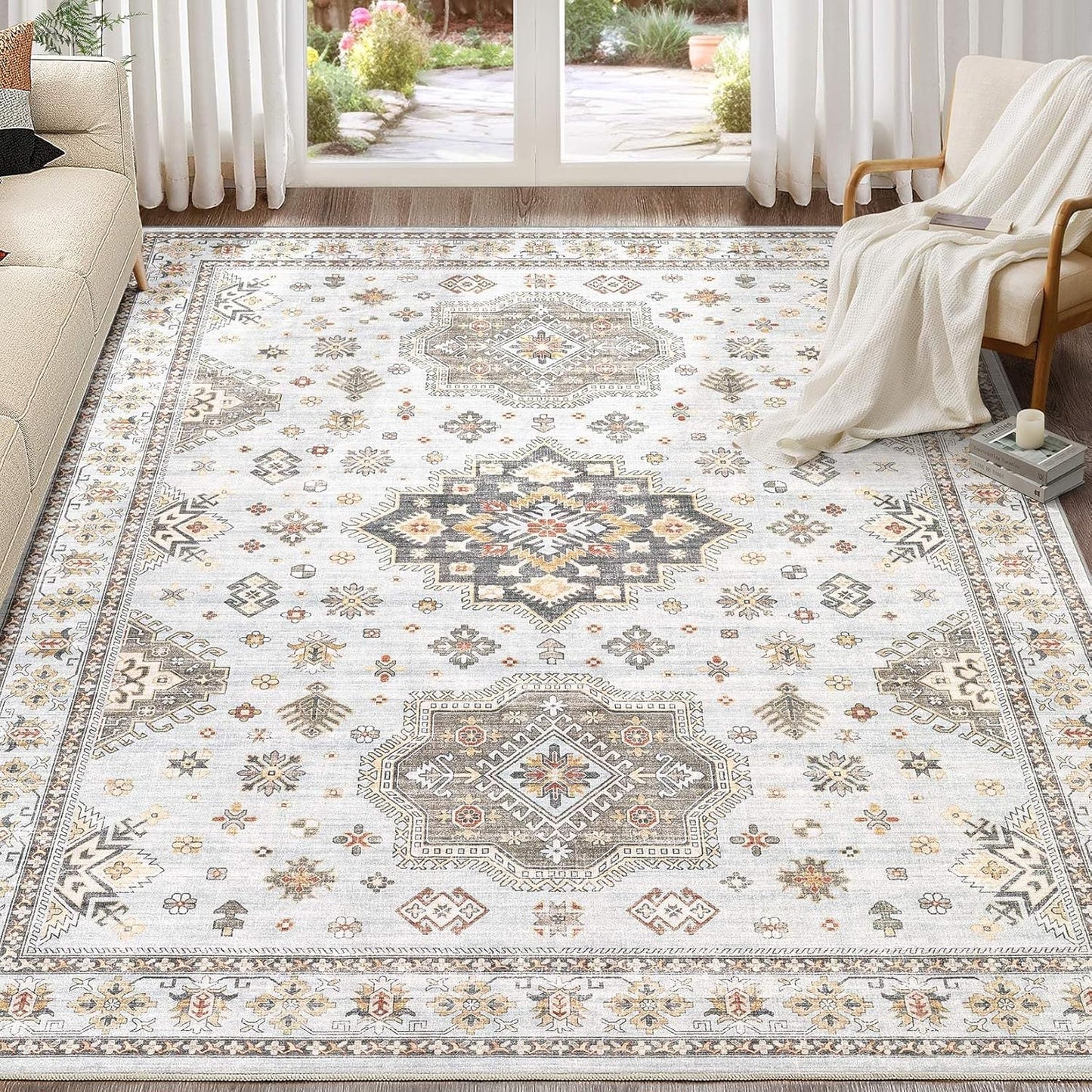 Washable Area Rugs for Living Room -10x12 Neutral Vintage Distressed Floral Farmhouse Boho Large Soft Floor Rug Indoor Non Slip Carpet for Living Room Bedroom Dining Room Office-Blue Brown