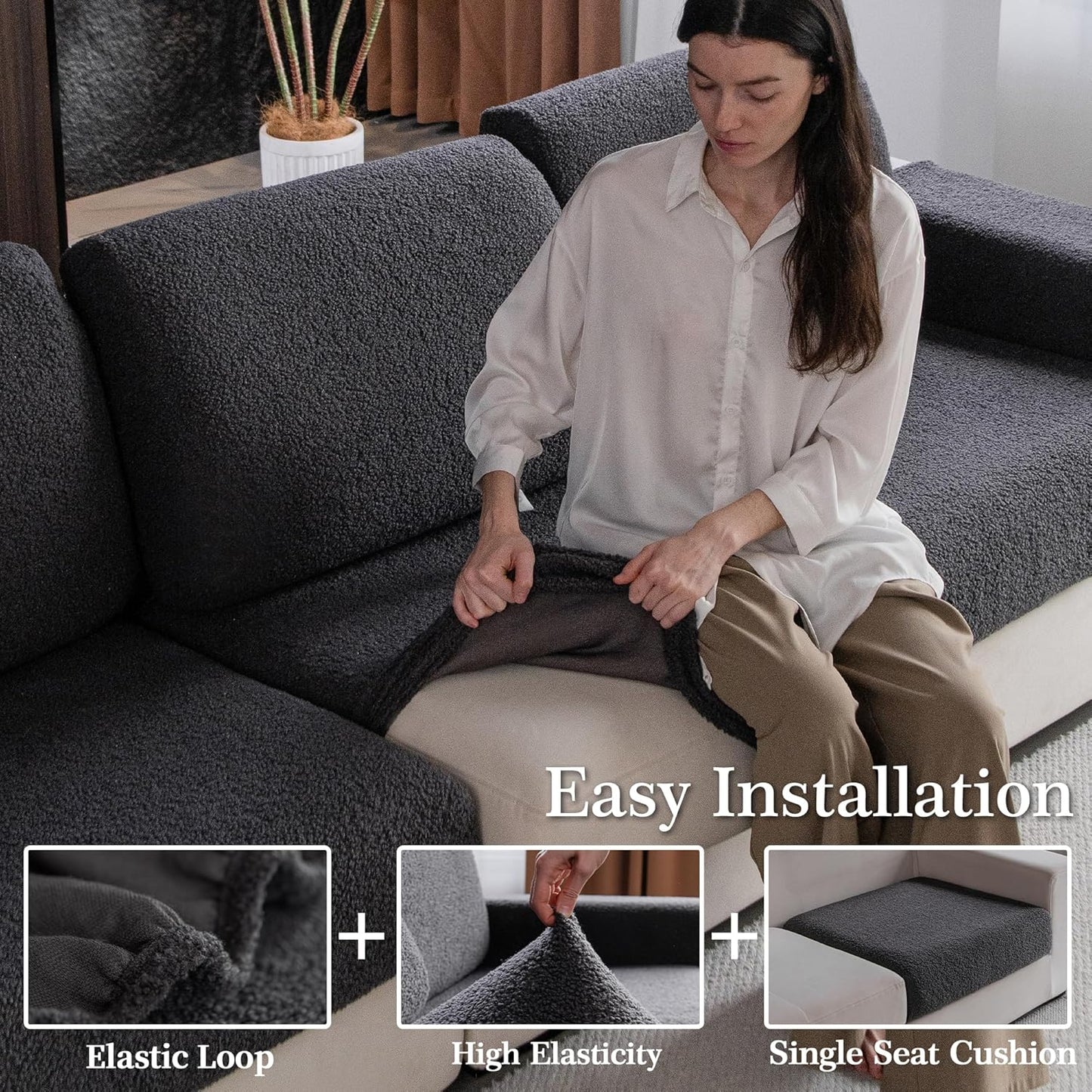 Couch Cushion Covers for Sectional Sofa, Stretch Soft Sofa Slipcovers Washable Wear-Resistant Universal Furniture Protector for Living Room(1 Piece Loveseat Cover, Dark Gray)