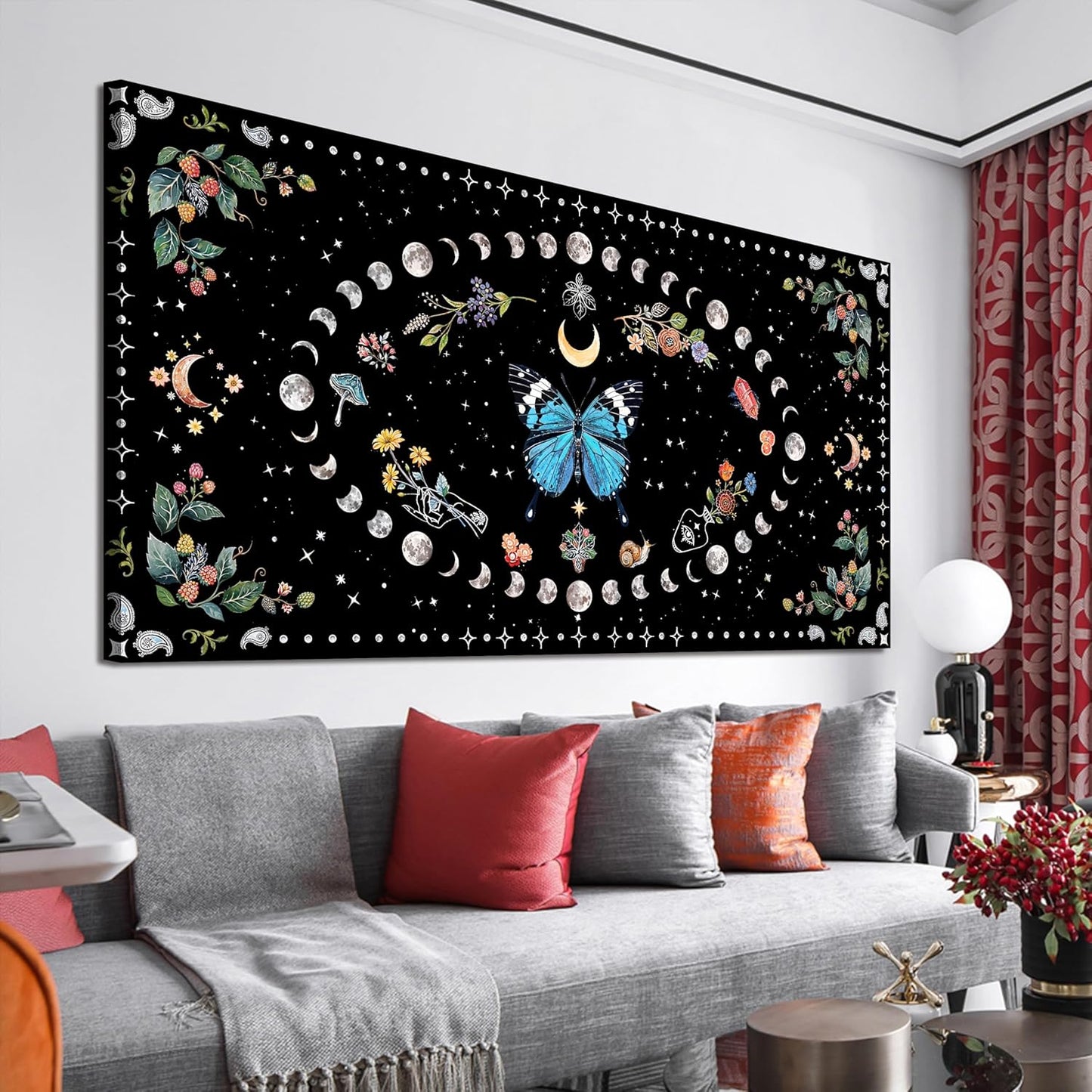 Canvas Wall Art Prints Blue Boho Wall art Decor Canvas Art Wall Decor Wall Pictures for Living Room Vintage Butterfly Wall Art Moon Flower Abstract Artwork for Walls Home Bedroom Decor 20" X 40"