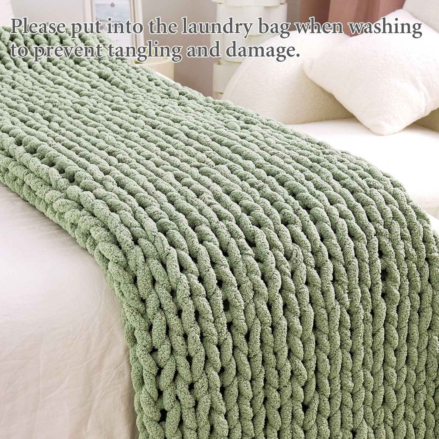 Admitrack Chunky Knit Blanket Throw, 100% Hand Knit Chenille Throw Blanket for Sofa & Home Decor, Soft and Cozy Knitted Throw Blankets (Sage Green, 60""x80""), XNR010