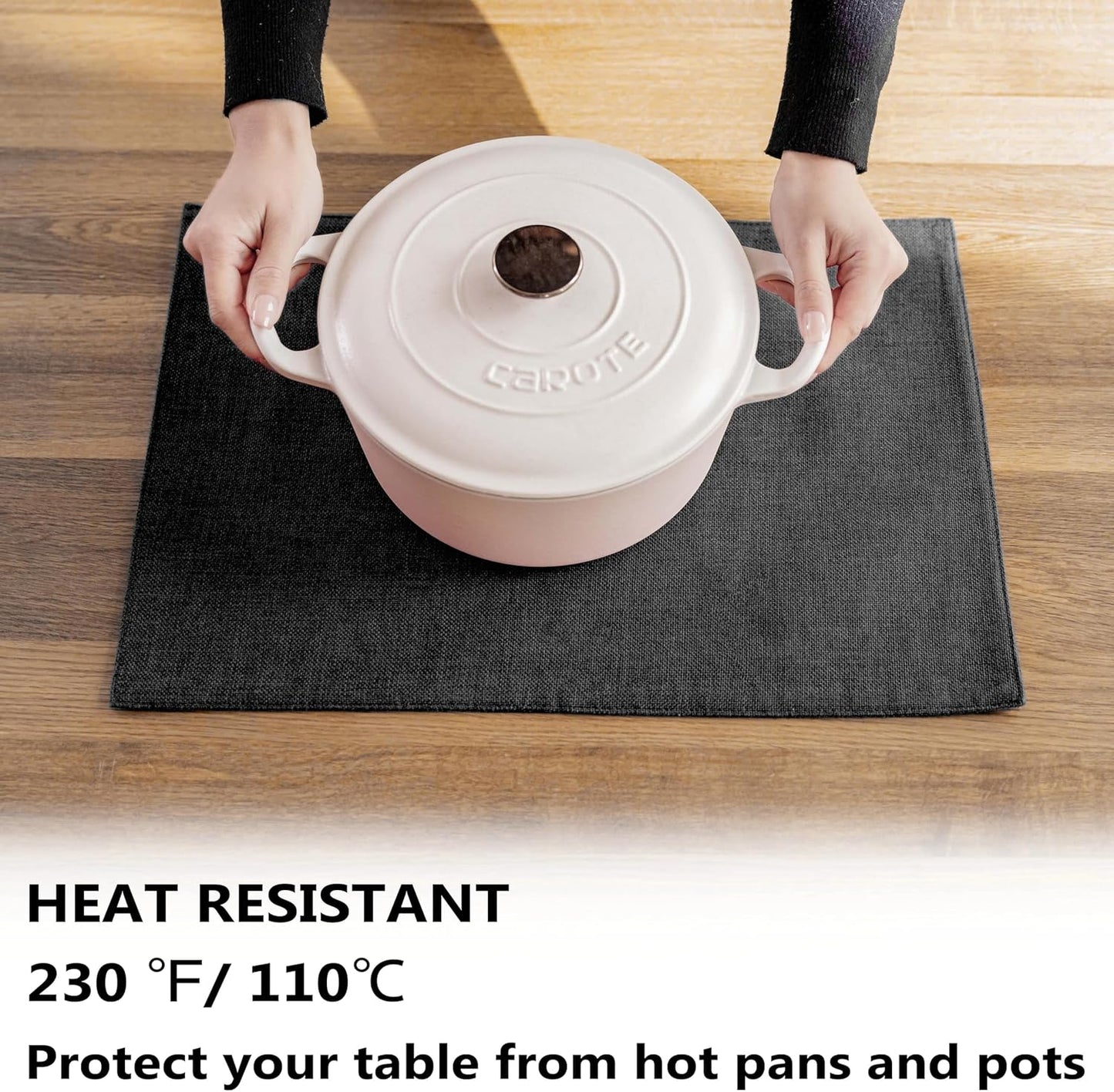 Demetex Black Placemats Set of 4 Stain Resistant Cloth Place Mats Heat Resistant Linen Table Plate Mats for Kitchen Dining Party Gathering, Black