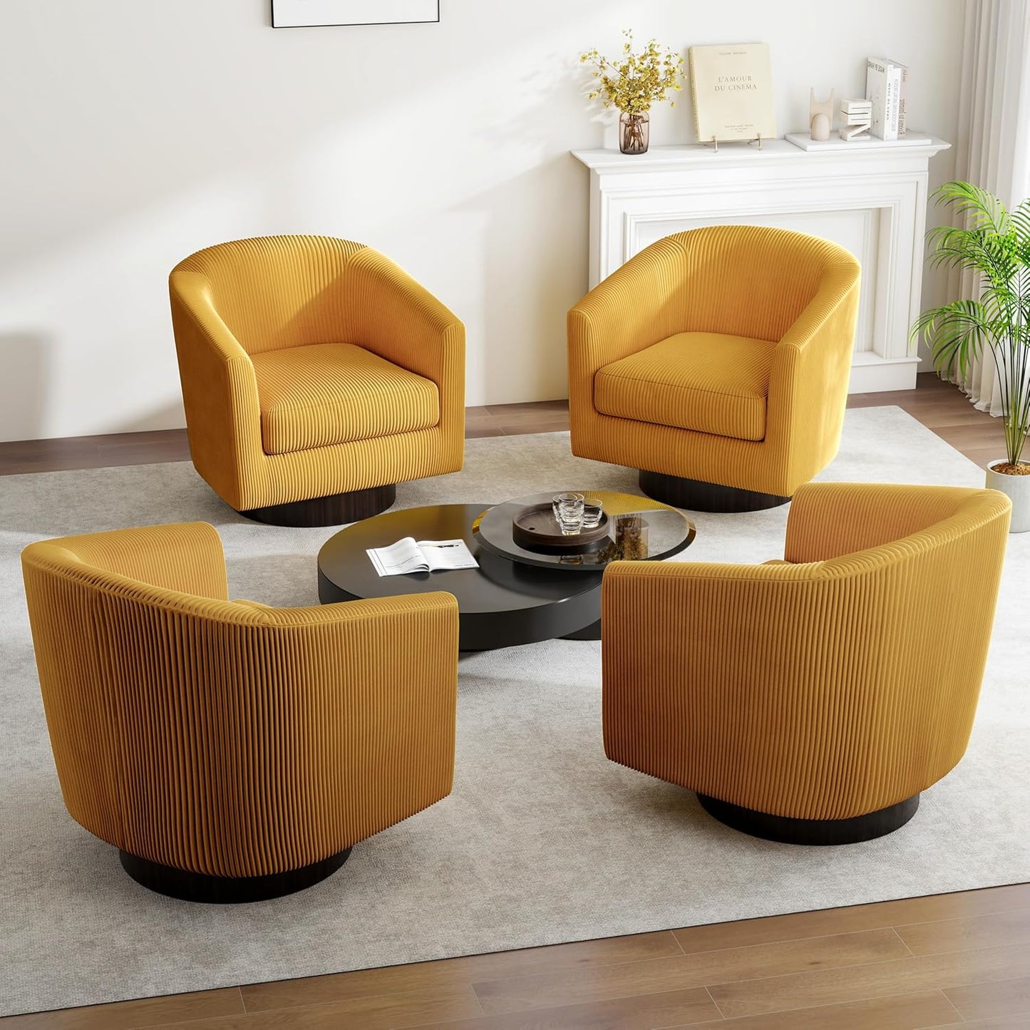 Swivel Barrel Accent Chair, Modern Round Corduroy Fabric Arm Chair for Living Room, Bedroom, Comfy Club Reading Chairs for Adults (Corduroy Orange, Set of 4)