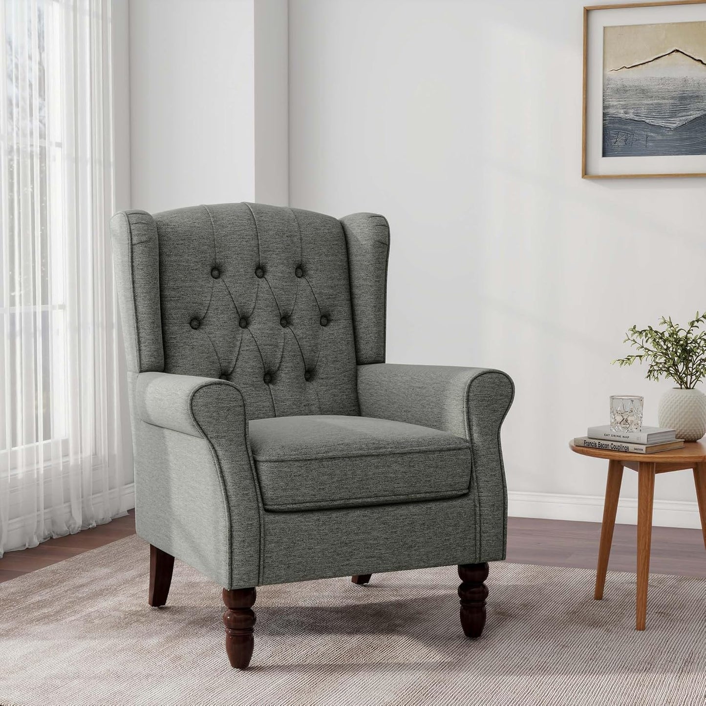 Accent Chair, Upholstered Armchair with Button Tufted High Back & Solid Wood Legs, Comfy Wingback Reading Single Sofa Chair for Small Spaces, Living Room, Bedroom (Grey, Set of 2)